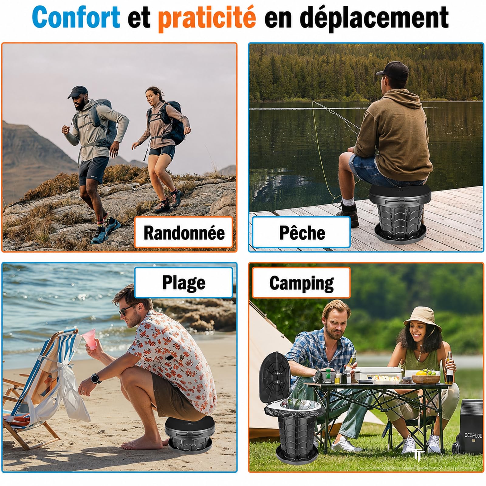 Toilette de Camping Portable Pliable pour Adultes et Enfants, WC Voyage Ajustable en Hauteur avec 20 Sacs et Sac de Transport, Seau de Toilette Compact pour Randonnée, Voiture, Pêche, Camping-car
