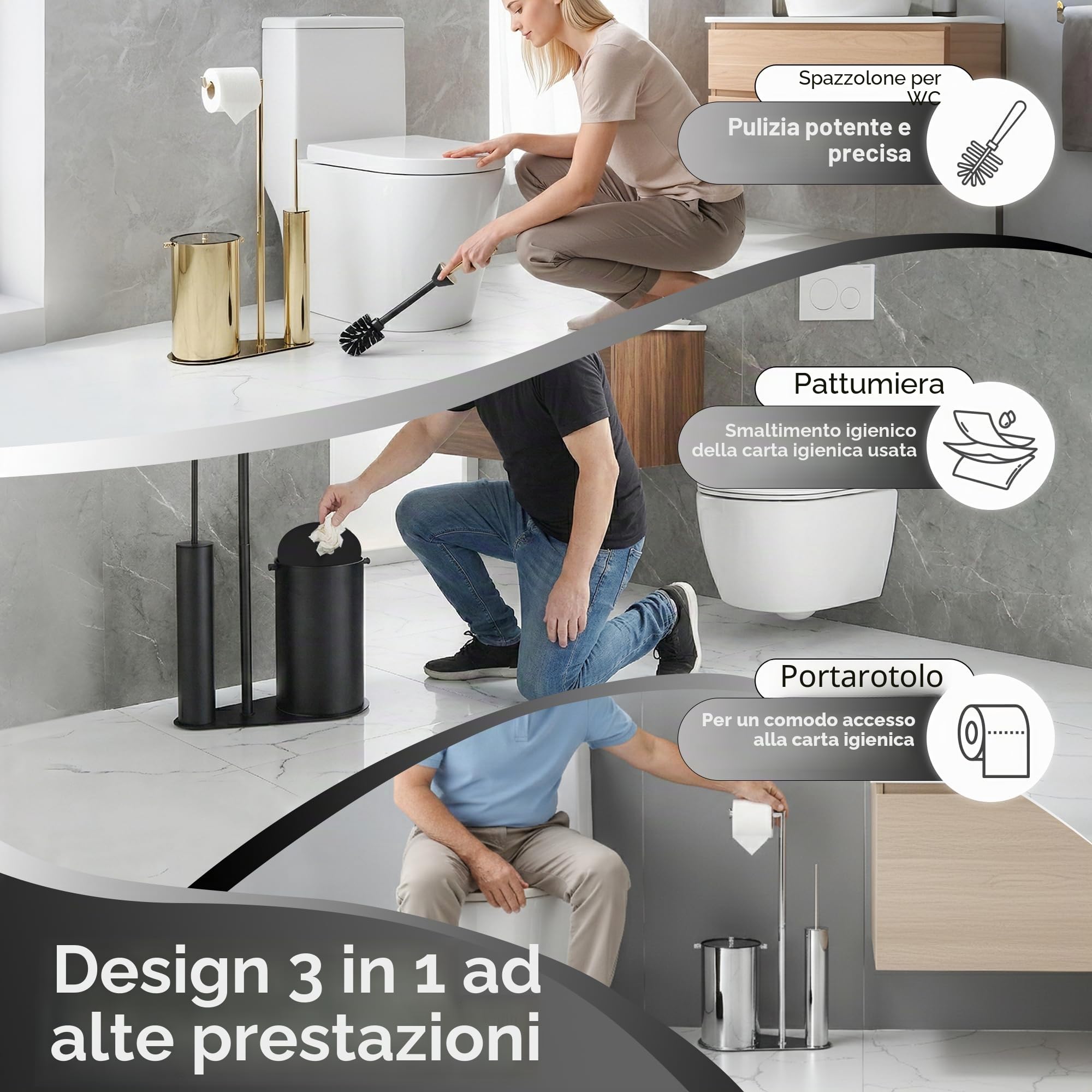DAZI Portar carta igienica con scopino WC e pattumiera, Set 3-in-1 in acciaio inox, 2 testine di ricambio Silicone e PP, portarotolo e scopino ideale per Casa e WC degli Ospiti. (Nero opaco)