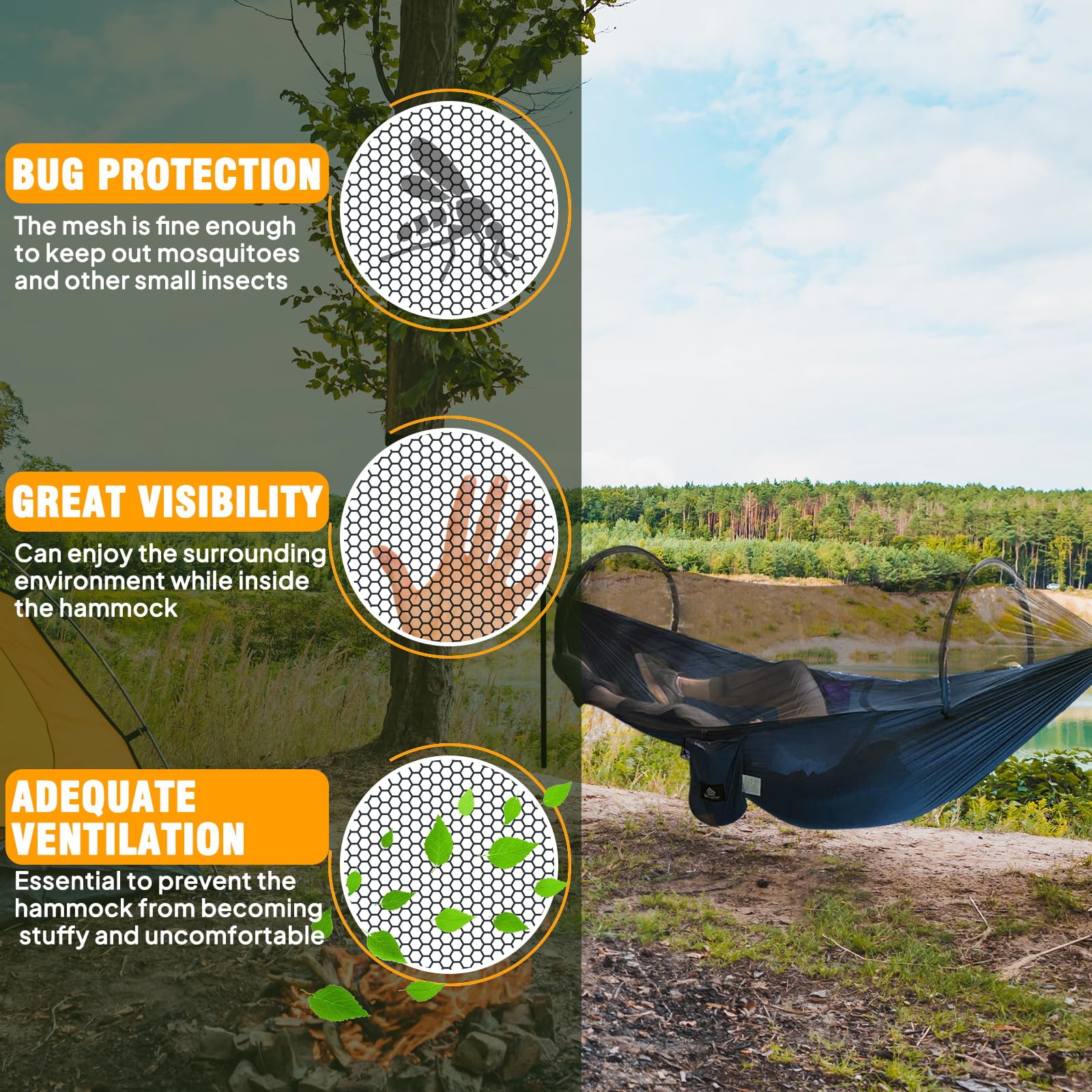 NATUREFUN Ultralight Travel Camping Hammock Pop Up Bug Net Hammock 300kg Load Capacity, Breathable, Quick Dry Parachute Nylon 2 Premium Carabiner Hooks, 2 Tree Slings Included Outdoor Backpacking