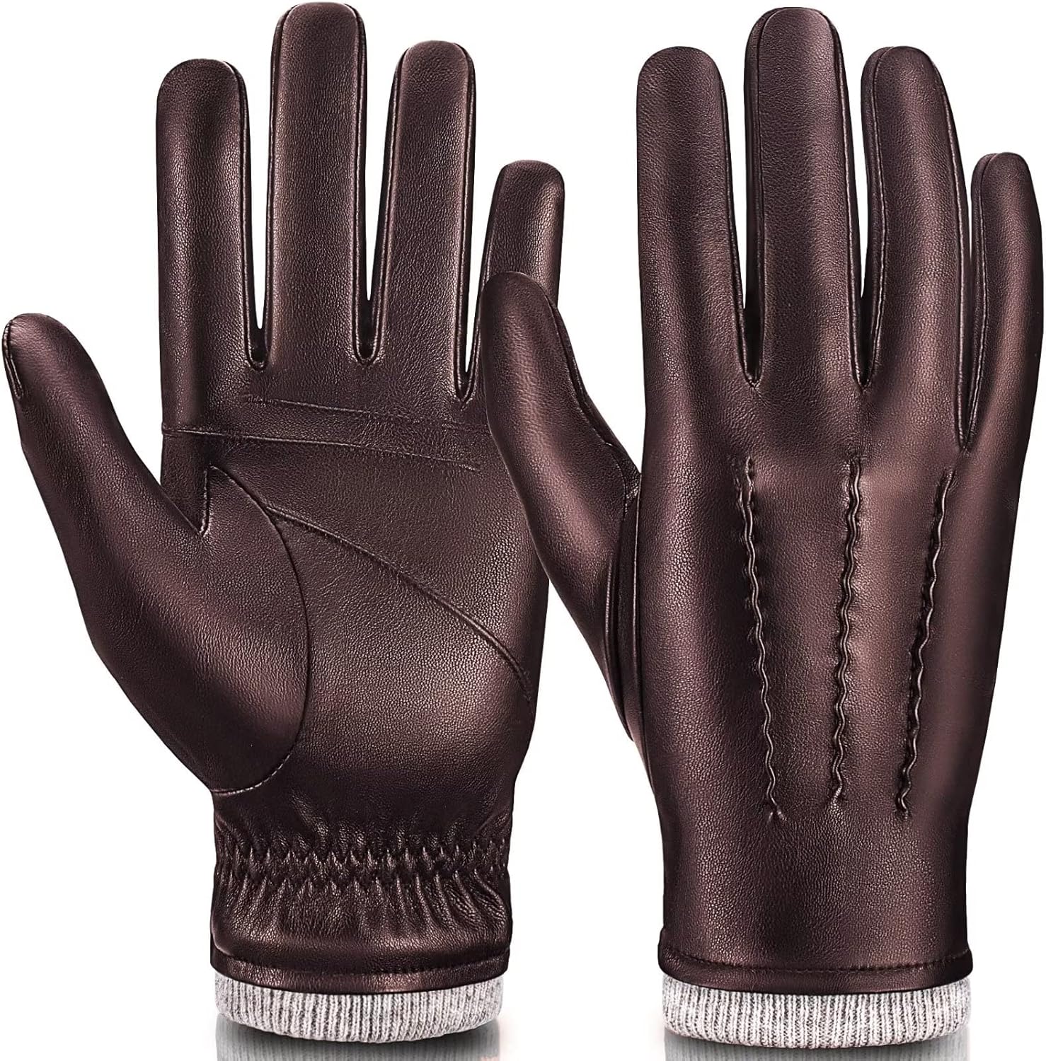 Mens Leather Gloves Touchscreen Texting, Winter Gloves Men Warm Thermal Wool Fleece Lined, Driving Gloves Anti-slip