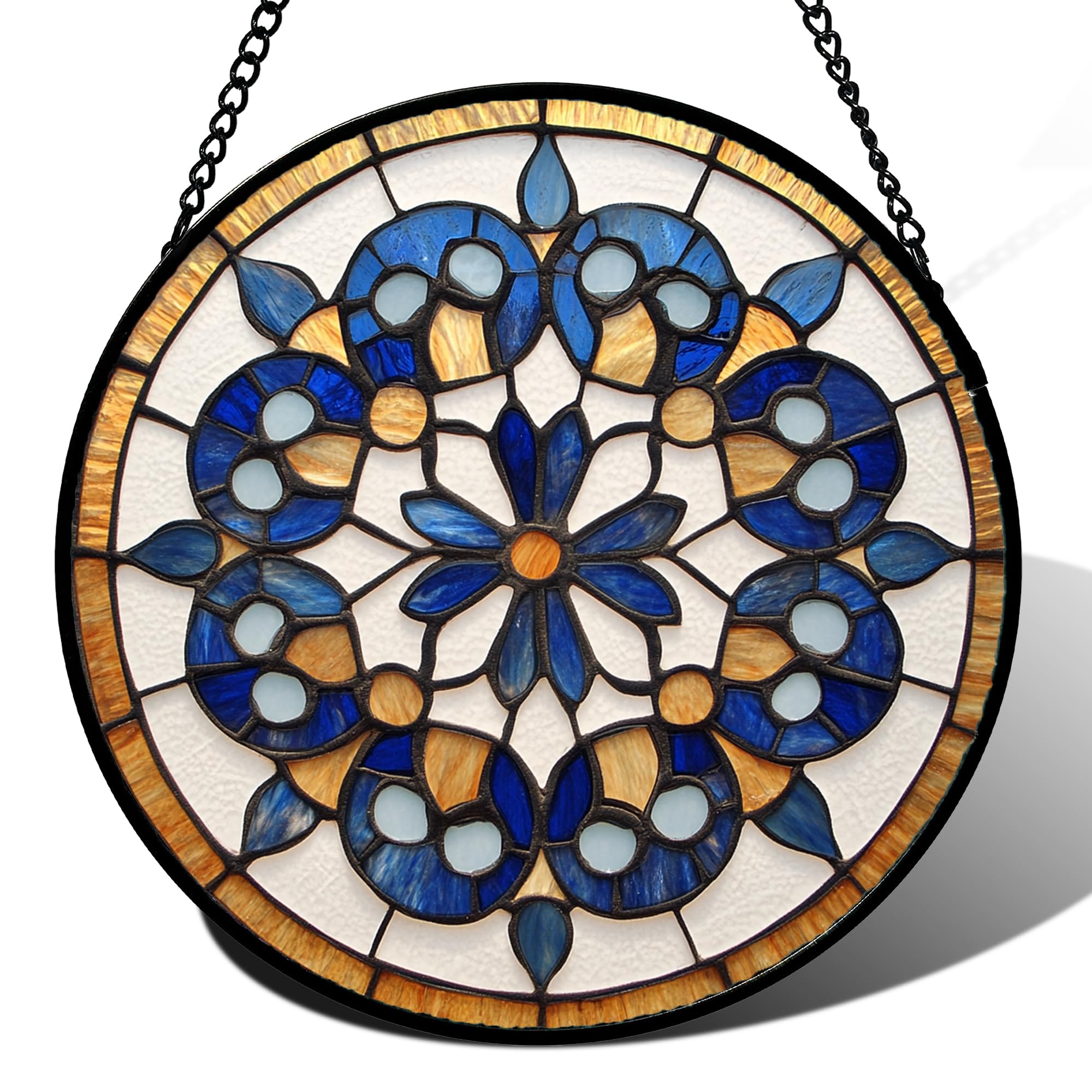 Stained Acrylic Puzzle Suncatcher,7.4in Blue‑Brown Boho‑Floral‑Pattern Garden Window Xmas Gift