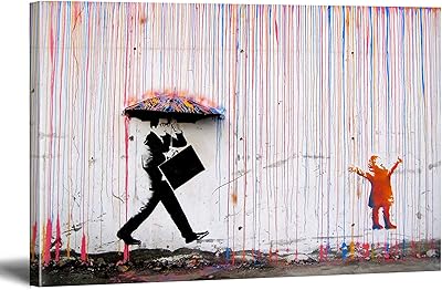 Quadri Bansky Stampa Su Tela Kid Playing in Colorful Rain Street Graffiti Art Quadro Banksy Quadro Moderno Soggiorno Decorazione Murale XXL Con Cornice 20x30cm