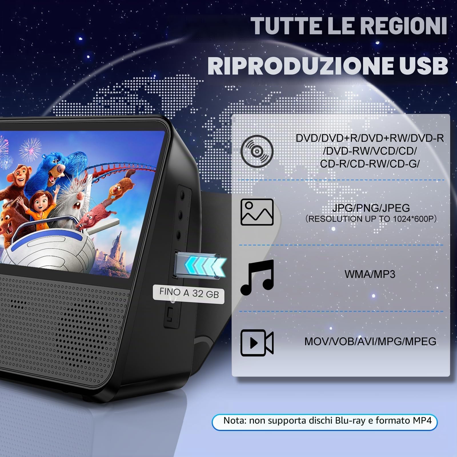 Lettore DVD Portatile 9,8‘’ con Schermo, Batteria 4000mAh Viaggio in Auto | Lettore DVD per Bambini TV, Supporta Bluetooth/AUX/AV/USB, Timer Sleep, Sync TV, DVD Player Multiregionale con Telecomando