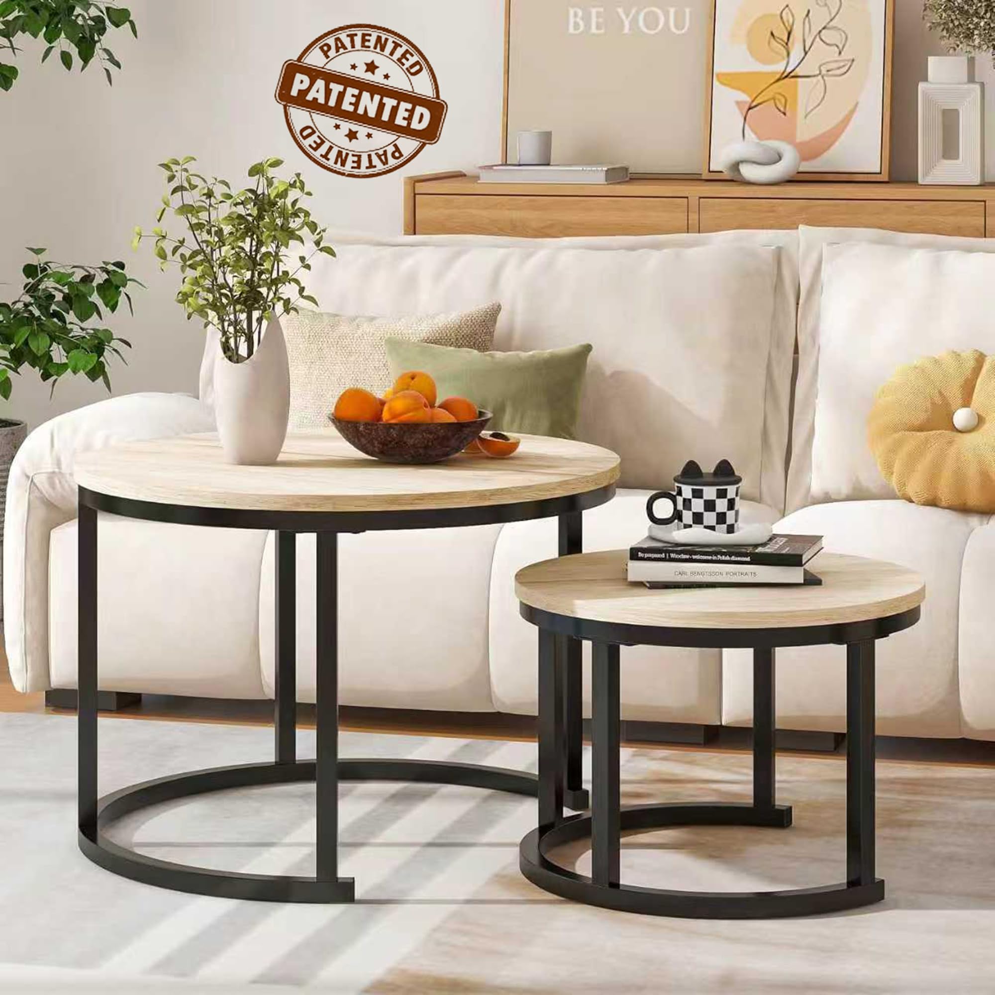 Couchtisch Rund, 2er Set Sofa Couchtisch Industrial Style, verschachtelte Beistelltische aus Metall und Holz, Vintage Sofa Tisches, Metall Satztisch 2er Set 50 und 70 cm Oak