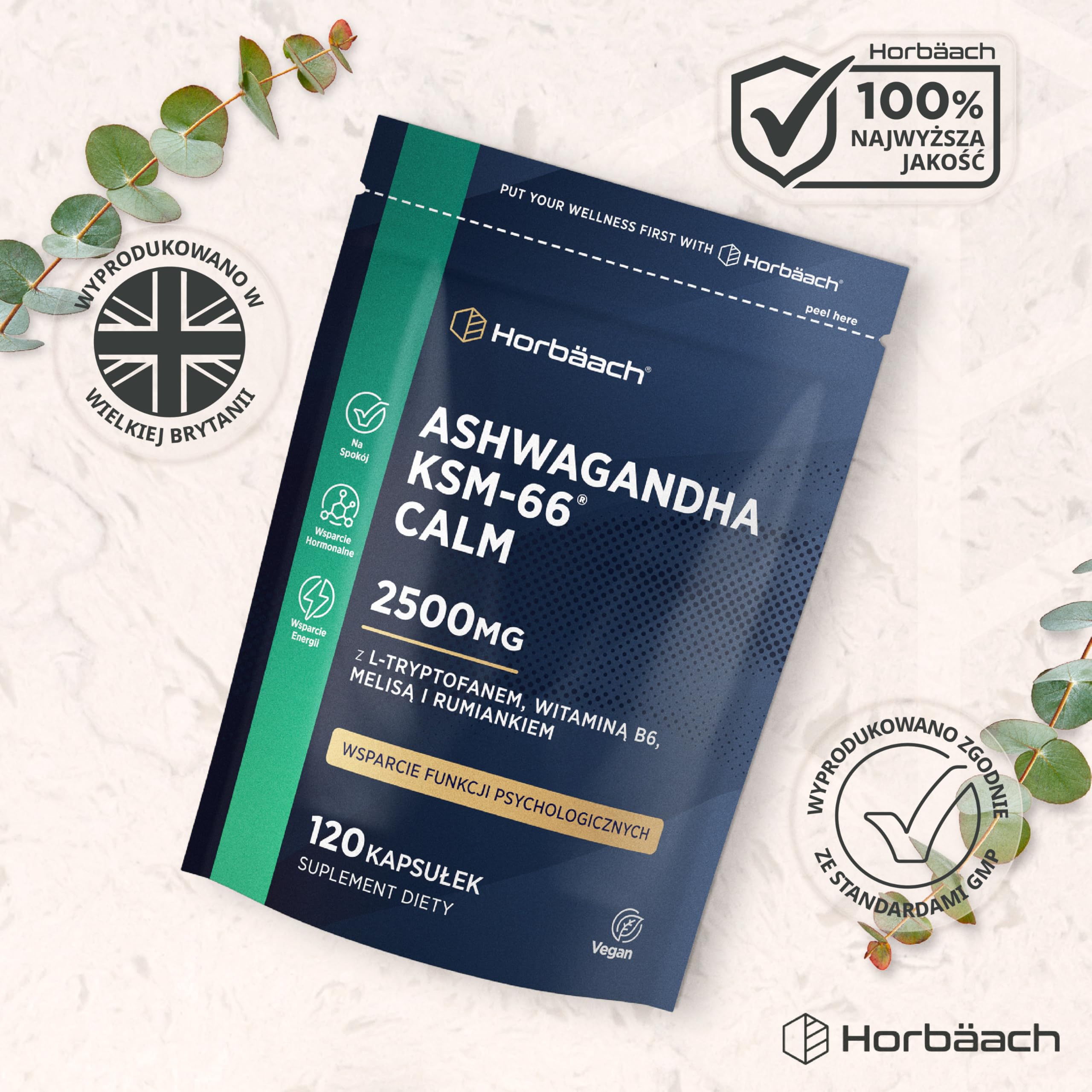 Ashwagandha KSM-66® 5000mg z Dodatkiem Aminokwasów oraz Witamin z Grupy B (B1, B2, B3, B6 i B12) | Formuła Wspierająca Spokój dla Kobiet i Mężczyzn | 60 Wegańskich Kapsułek | marki Horbaach