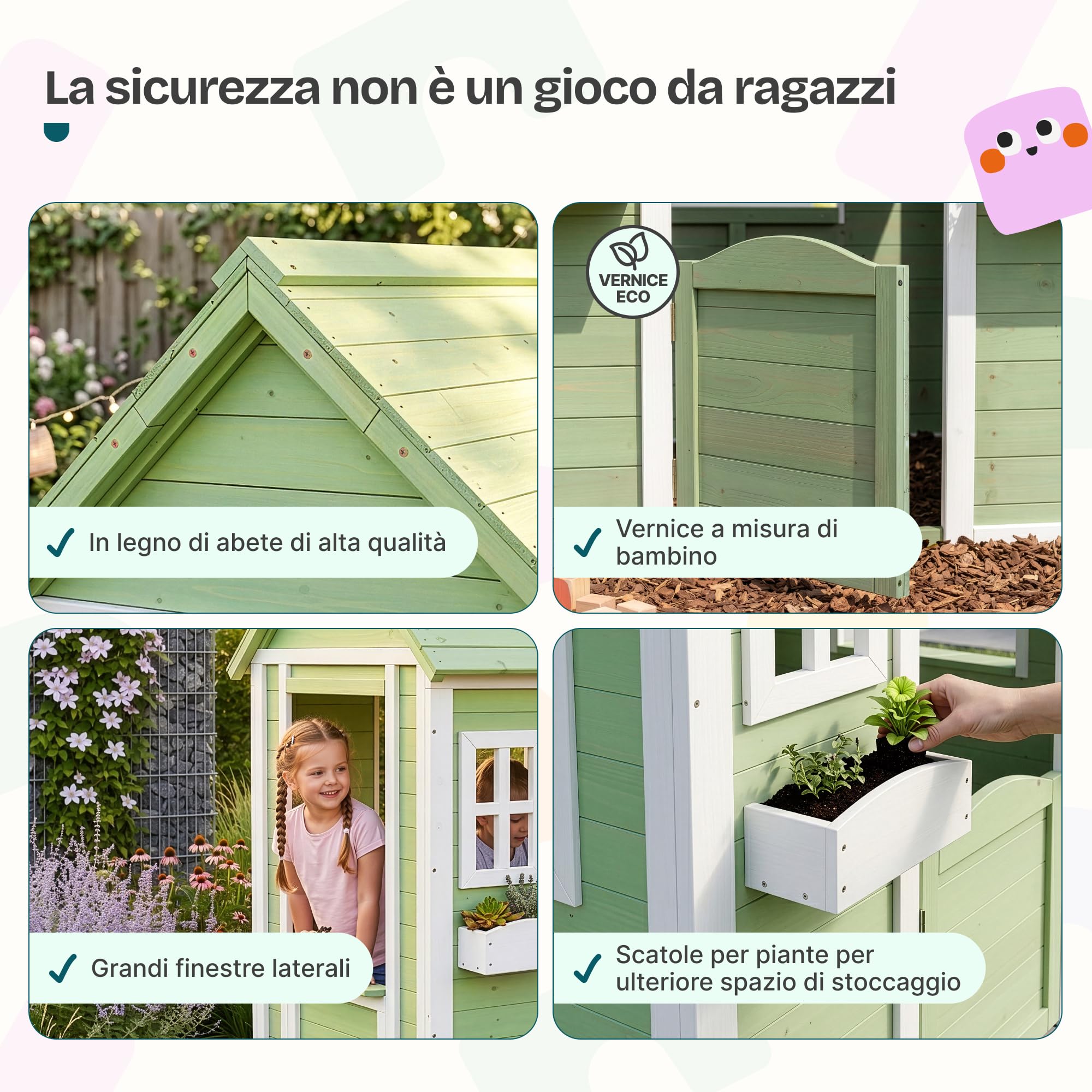 [en.casa] Casetta da Gioco per Bambini in Legno di Abete con Tetto a Capanna Finestre Fioriere e Cancello Casetta da Giardino per Bimbi 144x107x90 cm Verde/Bianco
