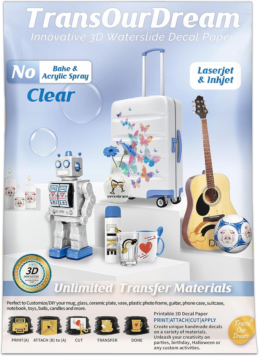 TransOurDream 3D Waterslide Decal Paper for Inkjet & Laserjet Printers