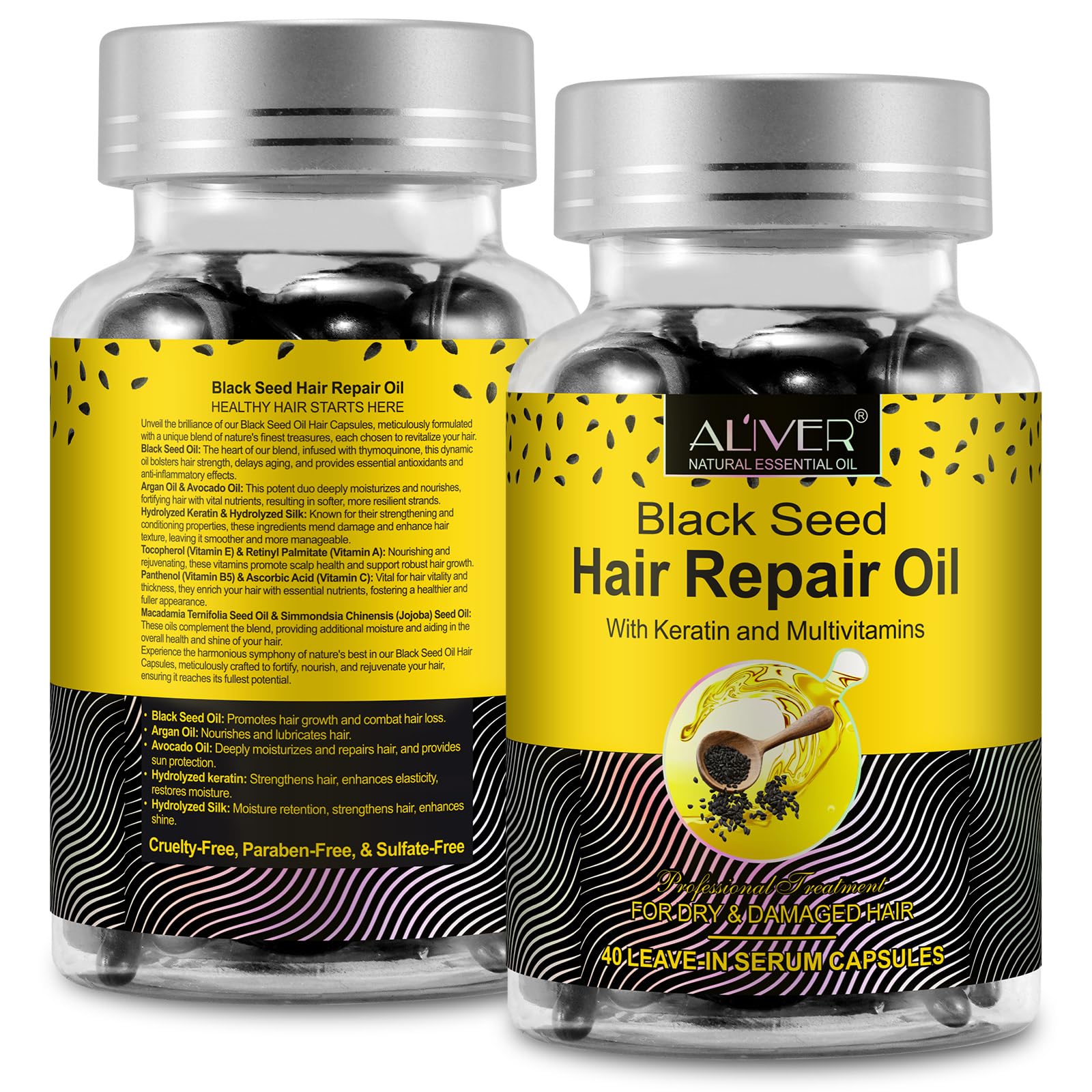 Black Seed Oil,Black Seed Oil for Hair,Black Seed Oil Organic Cold Pressed,with Argan Oil,Avocado Oil,Jojoba Oil,Vitamin,Strengthens Hair,Moisture Retention,40 Count