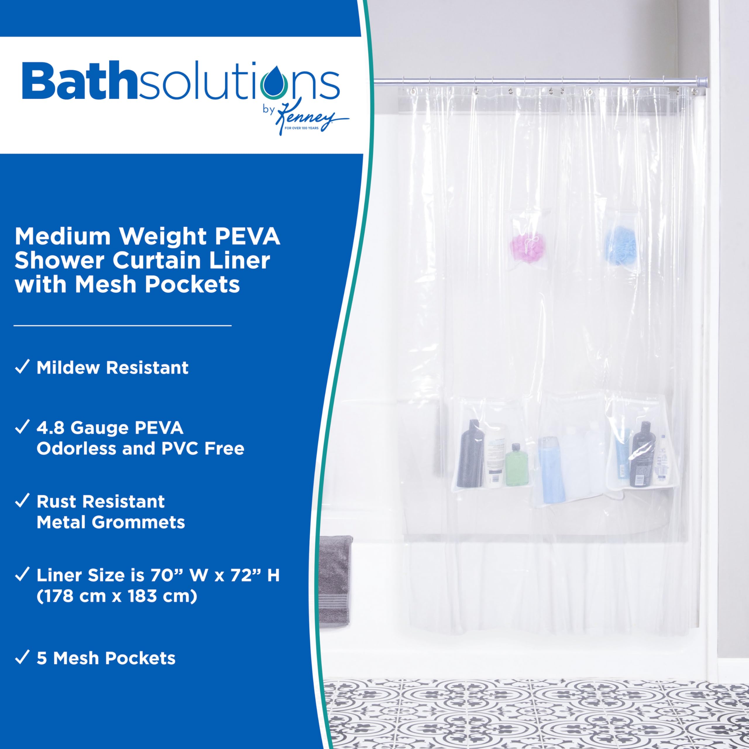 Kenney KN61447 Medium Weight 5 Gauge Waterproof PEVA Shower Curtain Liner with 5 Mesh Storage Pockets and Rust-Resistant Metal Grommets for Bathroom, 70