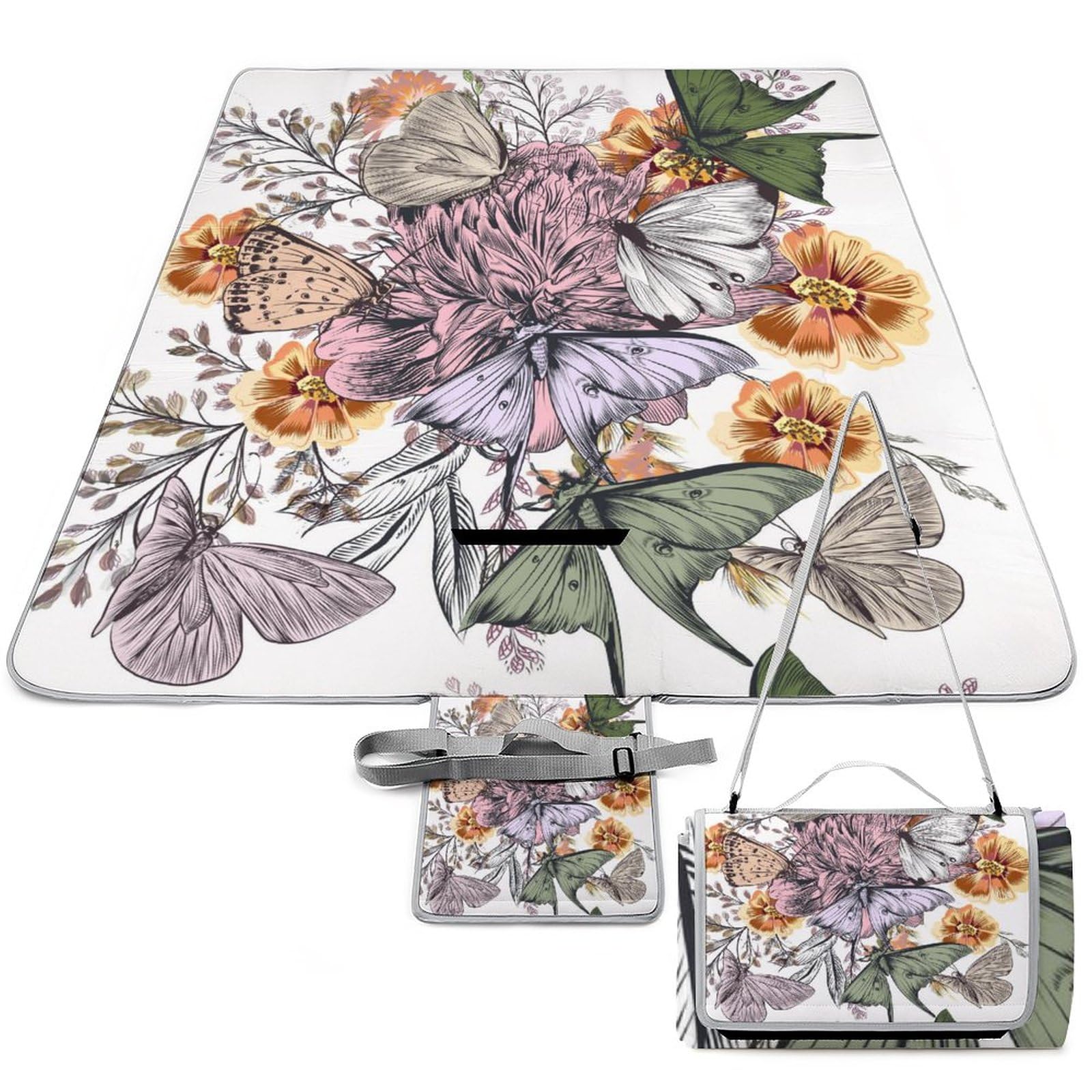 Butterfly Floral Pattern Picnic Blanket Waterproof Foldable, Large Outdoor Picnic Blanket Beach Blankets Camping Blanket Travel Mat, Shoulder Strap Tote, Rectangle 58x58in