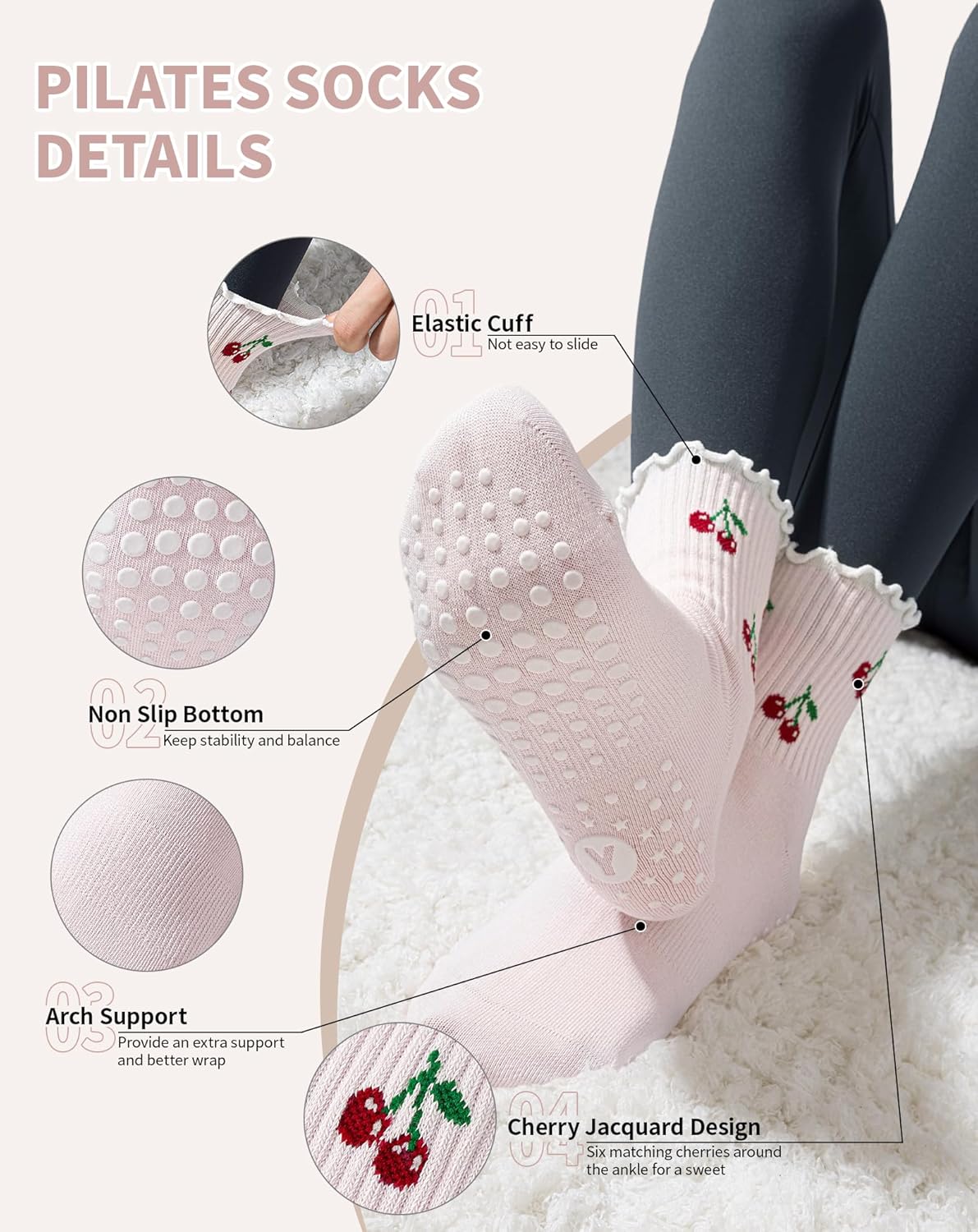Yawlsow Pilates Grip Socks for Women Yoga Grippy Socks Cute Barre Non Skid Athletic Crew Sticky Sock Workout Hospital - Image 5