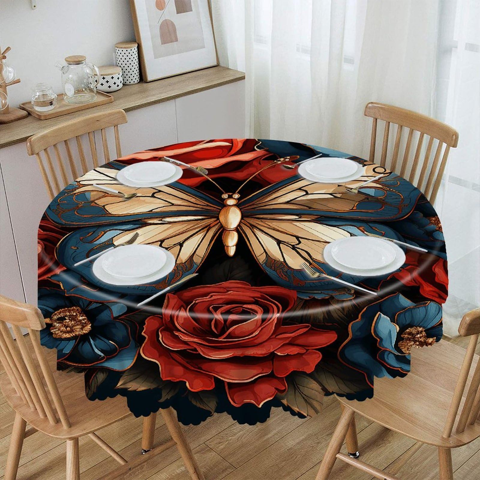 LZQPOEAS Butterflies and Roses Round Tablecloth Rustic Circle Table Cloth Wrinkle Resistant Decor Tablecloth Waterproof Washable Table Cover for Kitchen Party Dining Table 60 Inch