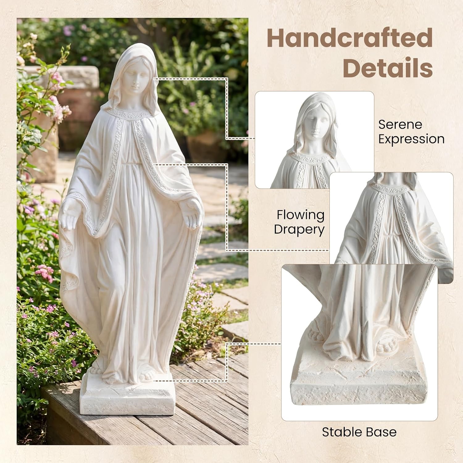 Giantex Virgin Mary Garden Statue 31.5", Blessed Mother Outdoor Religious Statue, Weather-Resistant MgO Catholic Sculptures Yard Decor for Lawn, Patio, Prayer Garden & Memorial, Distressed Ivory