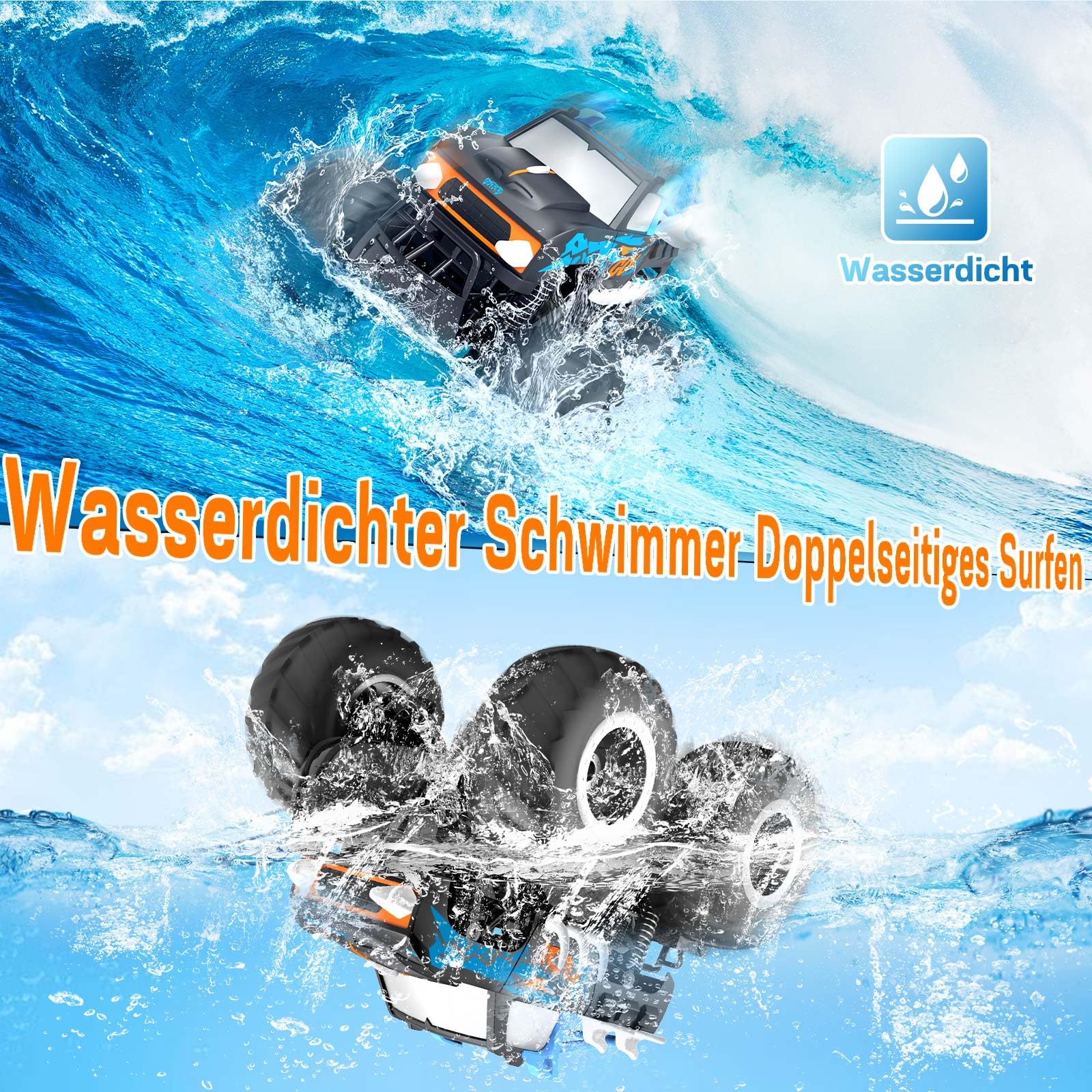 Gindoly Zdalnie sterowany samochód, 2,4 GHz, monster truck, 4WD 15+ km/h, hobby, offroad, samochód RC, wodoszczelny, samochód terenowy, z 2 bateriami, zabawka dla dzieci od 6, 7, 8, 9, 10, 11, 12 lat