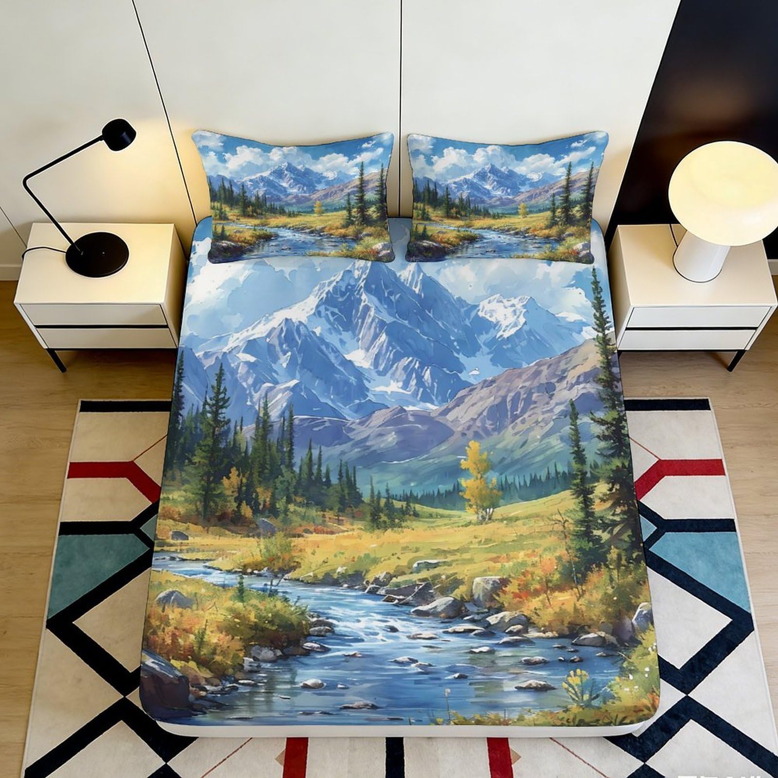 3D Printed Mountain Landscape Fitted Sheet Microfiber Soft Breathable River Valley Bed Cover for Bedroom Decor 90x200x25cm