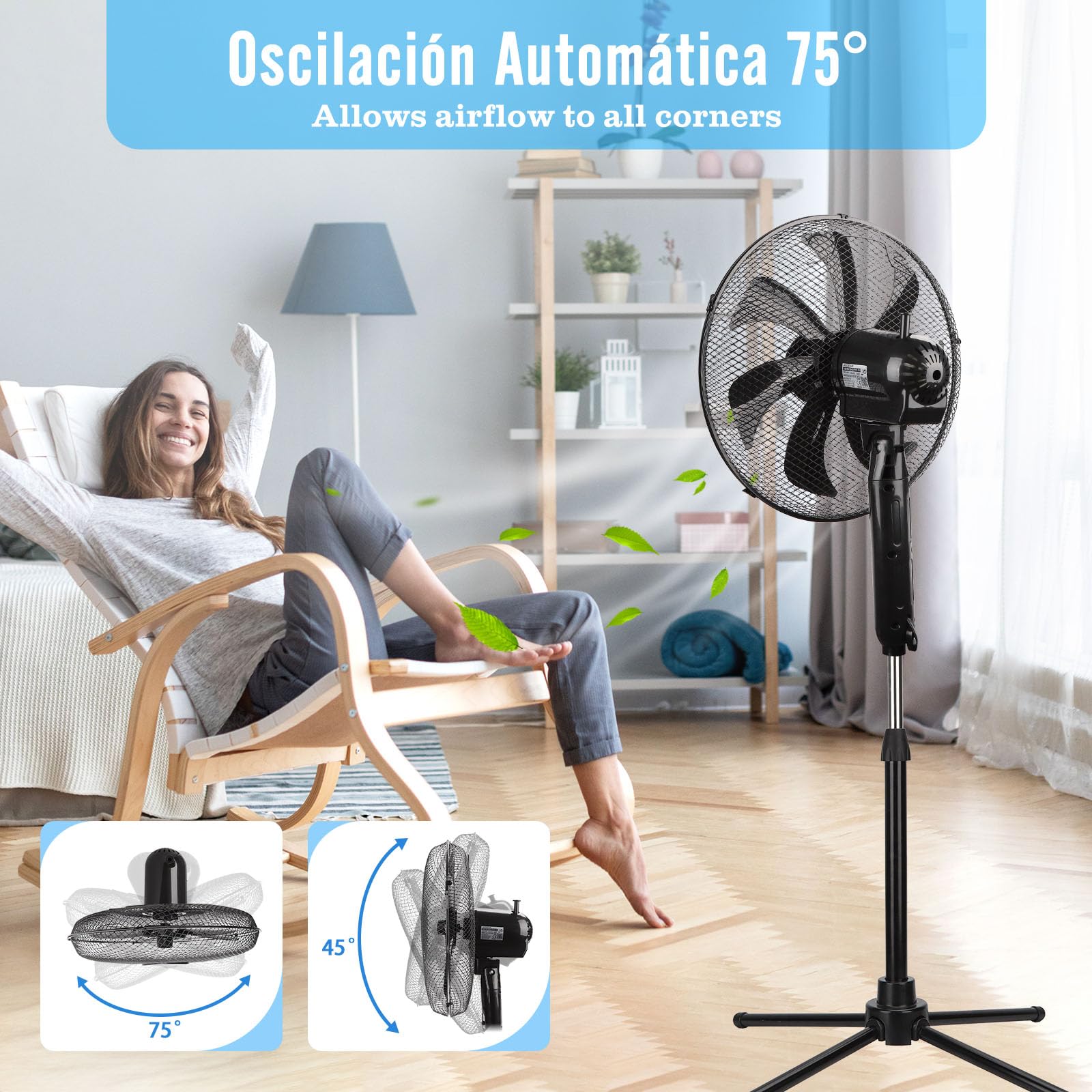 Aigostar Ventilador de Pie con 7 aspas, 50W, diámetro 41 cm. Ventilador de pie silencioso oscilante 75°, 3 Velocidades y altura ajustable 108-125cm. Silencioso para dormir. Color Negro. Elsie