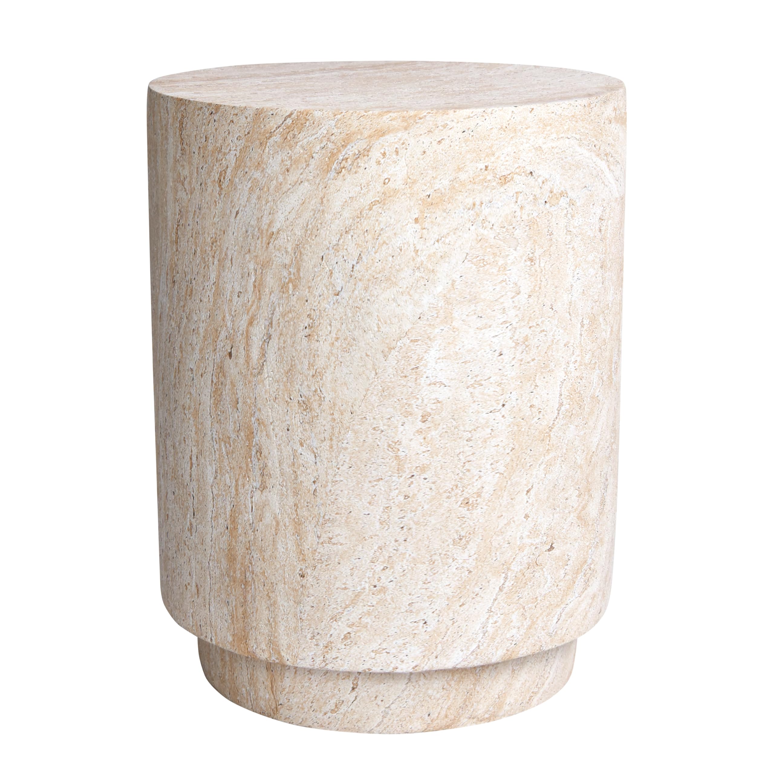 Empire Art Direct Cylinder Travertine Stone Finish Italian Design MgO Side Accent Table, Living Room, Bedroom & Office, 14.2"x14.2"x18.3"