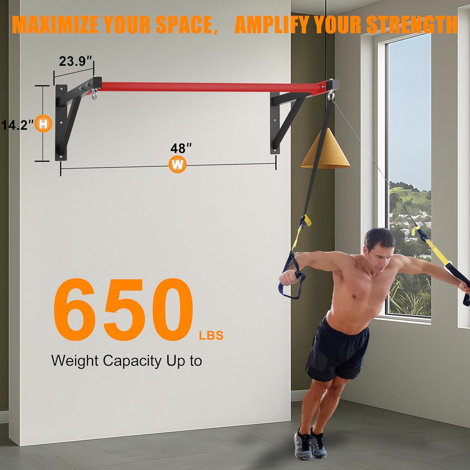 Pull Up Bar Wall Mounted, Heavy Duty 650 lbs Capacity Chin Up Bar, 48" Multi-Grip Strength Training Pull-up Bars, for Home Gym Garage/Backyard Total Body Workout, Ease Of Use Mounting