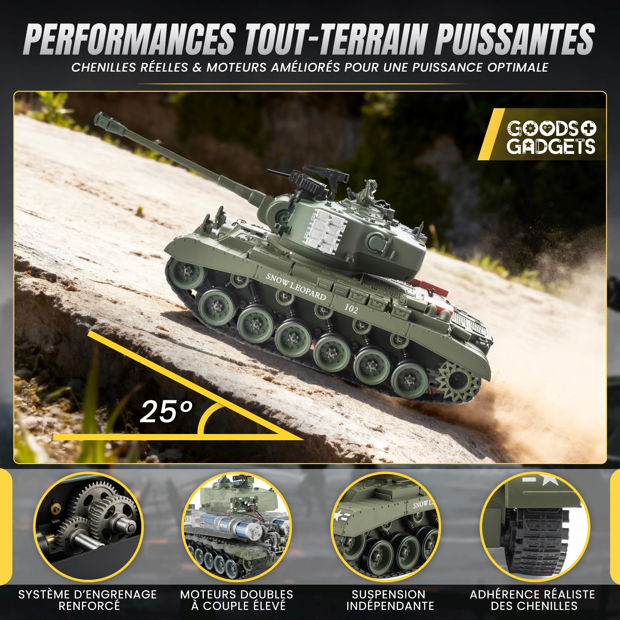 GOODS+GADGETS Modèle réduit de Char d'assaut Allemand Tiger I 2.4GHz à l'échelle 1:16 avec Fonction de tir, Son,Unisexe - RTR (Pershing Snow Leopard)