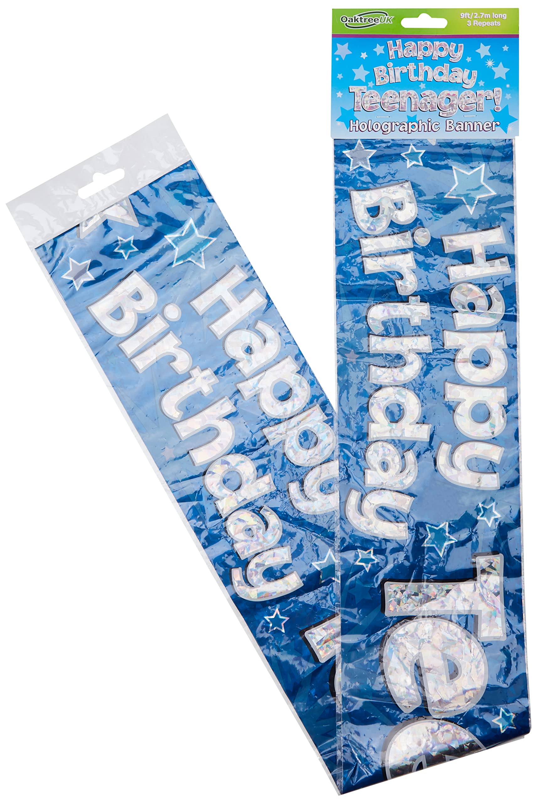 9ft Banner Happy Birthday Teenager Blue Foil Holographic