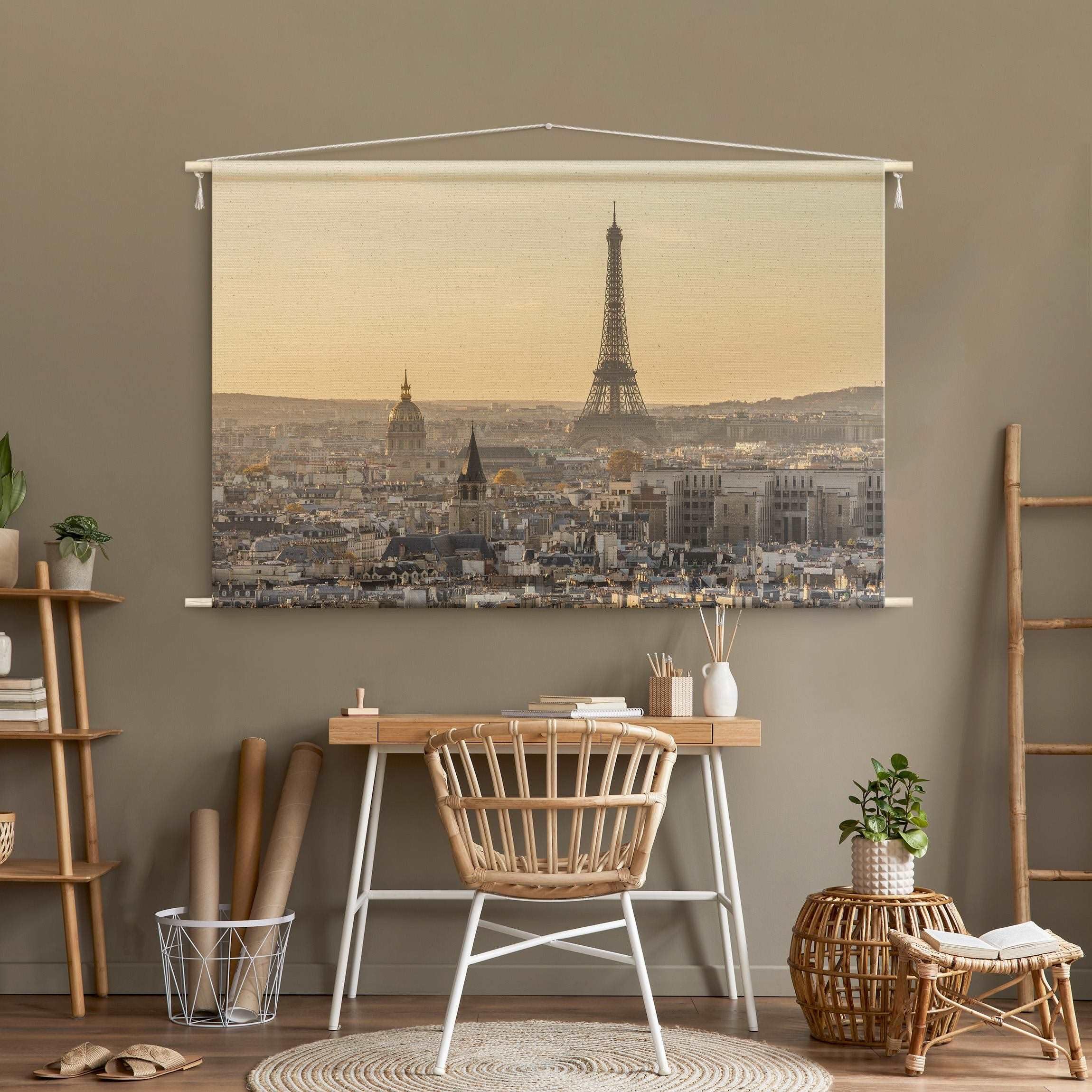 micasia Wandteppich Matteo Colombo Skyline Stoffbild inkl. Holzstäbe & Seile Wanddeko - Made in Germany - Paris Retro Vintage beige Wohnzimmer Schlafzimmer Wandbehang 1658 (205x137cm)