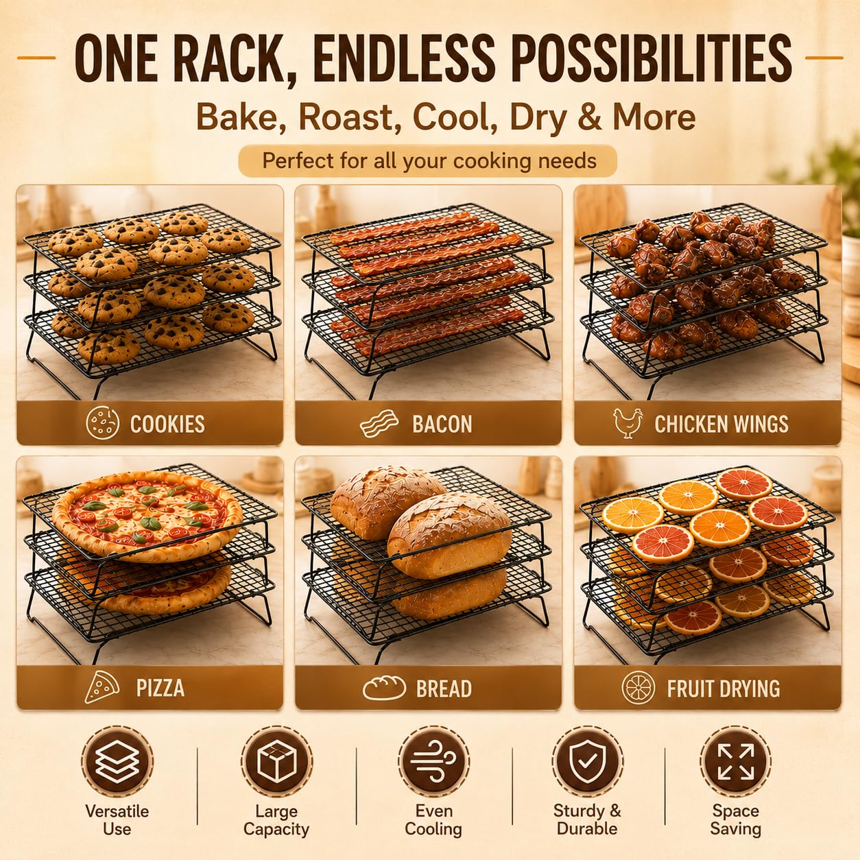 Juego de 4 estantes apilables de refrigeración de acero inoxidable resistente, estante de alambre apto para horno para hornear y asar, se adapta a bandejas de galletas, apto para lavavajillas