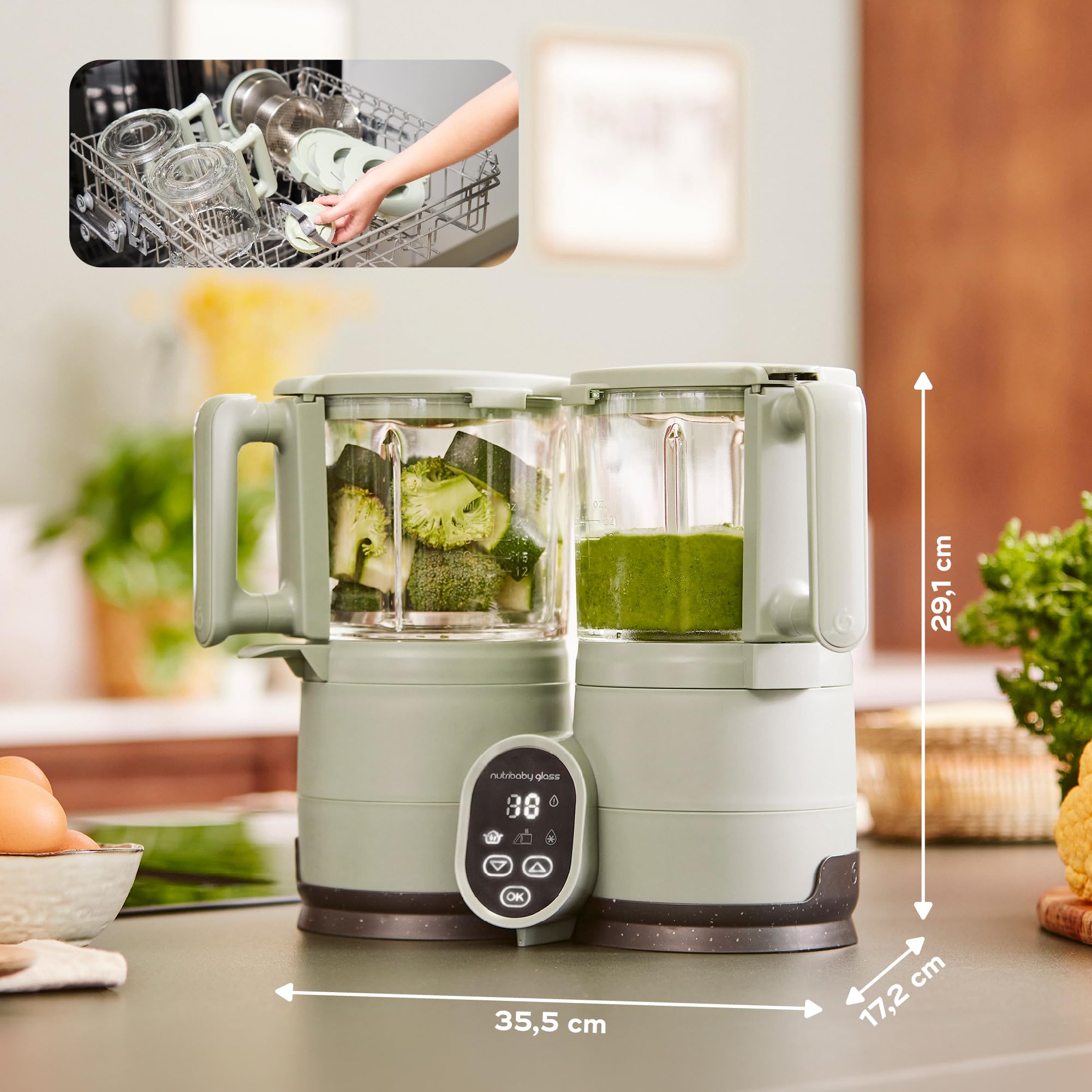 Babymoov Robot Cuiseur Bébé Nutribaby Glass - Bols en Verre - 4 en 1 Mixeur Cuiseur Vapeur, Grande Contenance 1,9L, Cuisson Saine des Aliments, Vert Celadon
