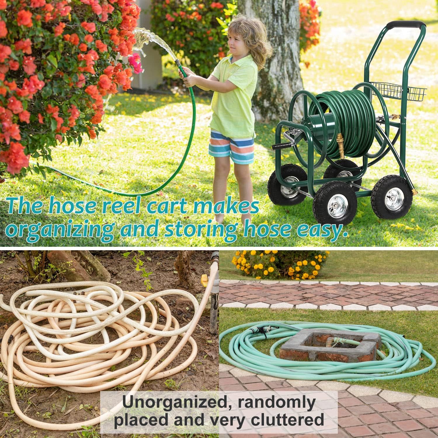 Carrello avvolgitubo da giardino a spinta manuale, carrello resistente per tubi da 100 metri di tubo da 1,5 cm e 20,3 cm, carrello per piantare acqua all'aperto, camion per giardino e cortile