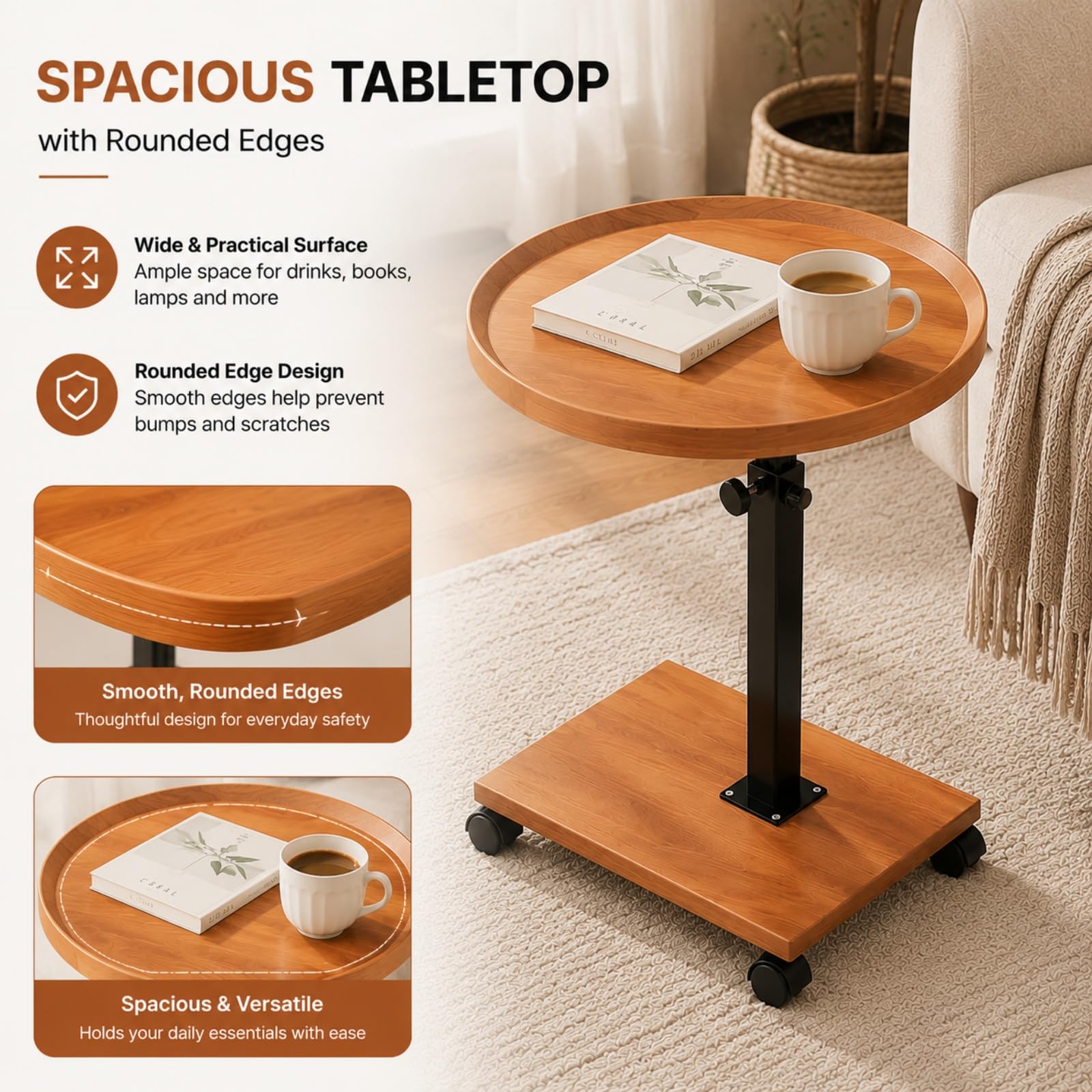 Tavolino Regolabile,Tavolino con Rotelle e Ruote Scorrevoli | Regolabile Altezza,Piano d'Appoggio Spazioso,Facile Spostare,Design Moderno per Spazi Ridotti(Natural,Round)