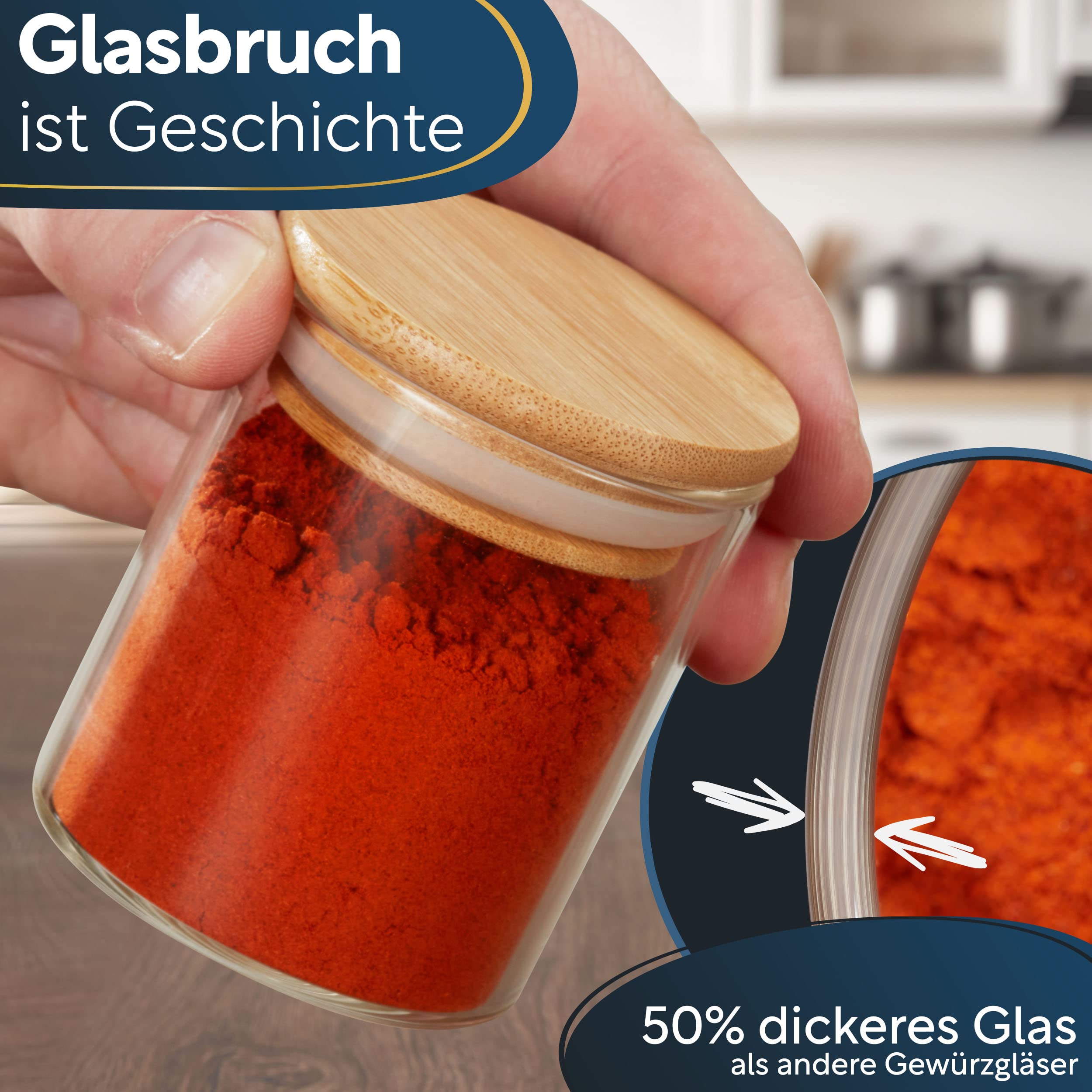 CLIDOR ® - Tarros de especias redondos - 12 x 125 ml (innovador grosor de cristal de 3 mm) tarros herméticos para especias - Recipiente apilable para especias con tapa de bambú - Tarros de especias -