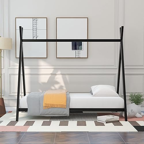 Miniatura 3 de Cama de casa individual para niños tienda de campaña de casa marco de cama de tamaño individual cama de metal con listones para niños y niñas no