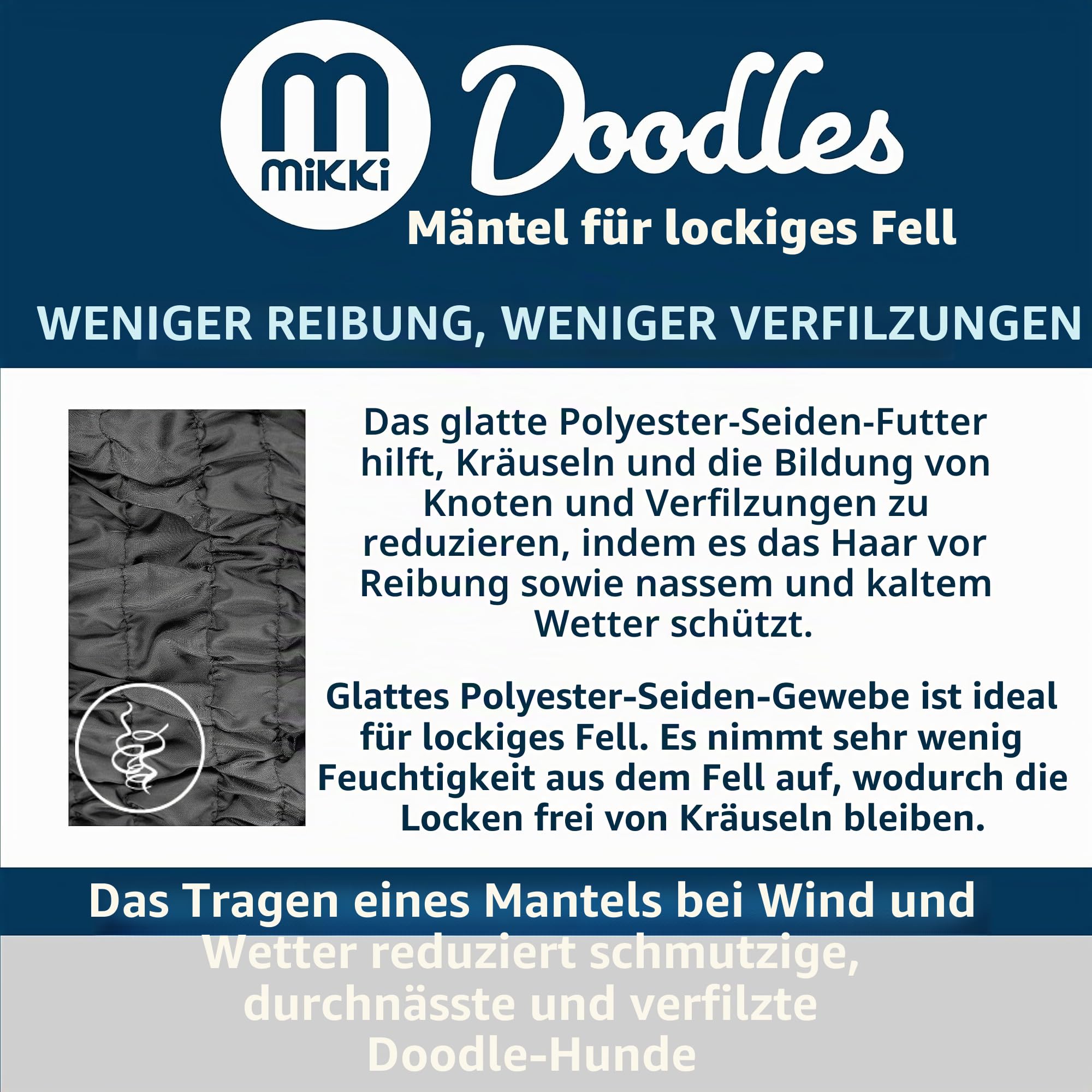 Mikki Doodles Hunde-Regenmantel, wasserdicht, Winddicht, seidiges Futter, weniger Reibung bedeutet weniger Knoten und Verfilzungen, Größe XL, Schwarz