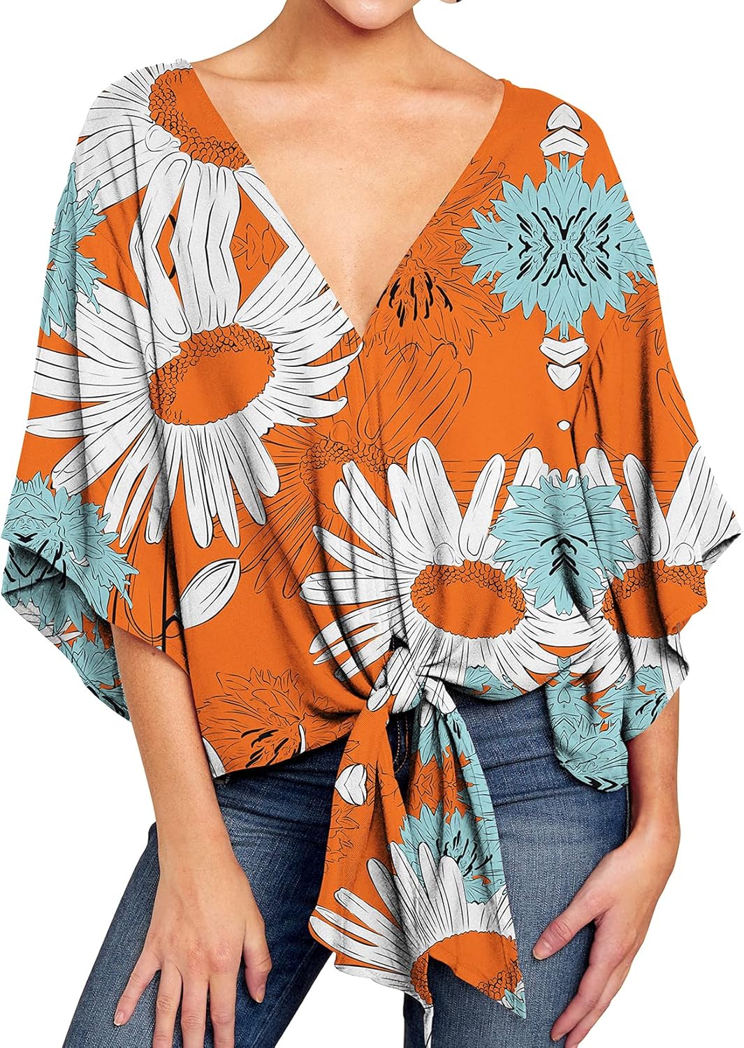 Lu's Chic Women's Short Sleeve Tops Summer Shirts Casual Blouse Tshirt Print Tie Knot Flowy Swing Boho