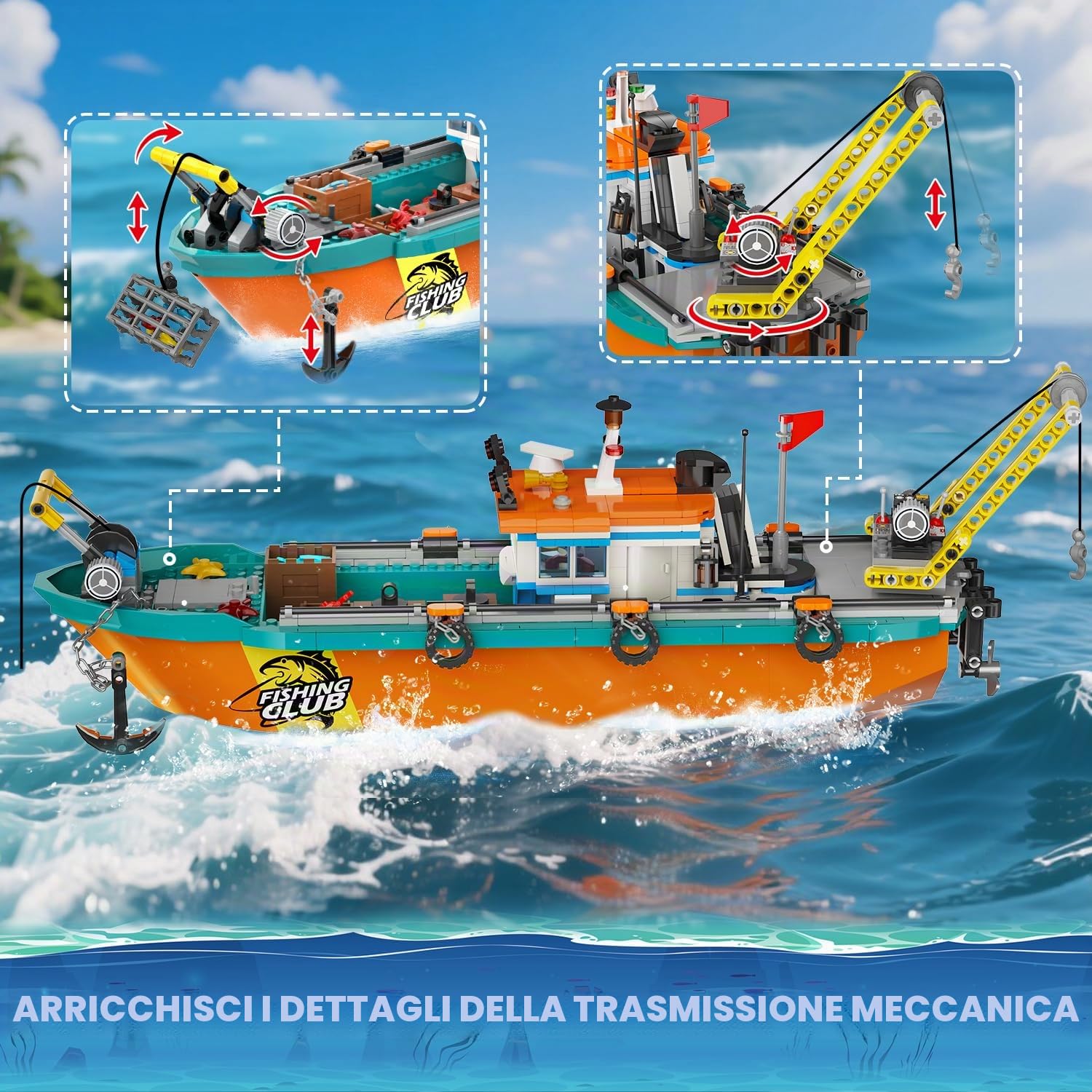 HiWEEGO Città barca da pesca cantiere navale – kit costruzione galleggiante oceano gru container, giocattolo regalo compleanno 6 7 8+