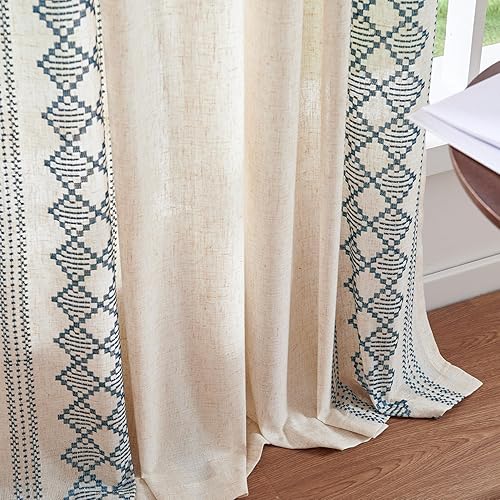 Miniatura 7 de JINCHAN Cortinas bohemias de lino blanco, borde con bordado, para ventana, dormitorio y sala de estar, 84 pulgadas de largo (213.36 cm), 2 paneles