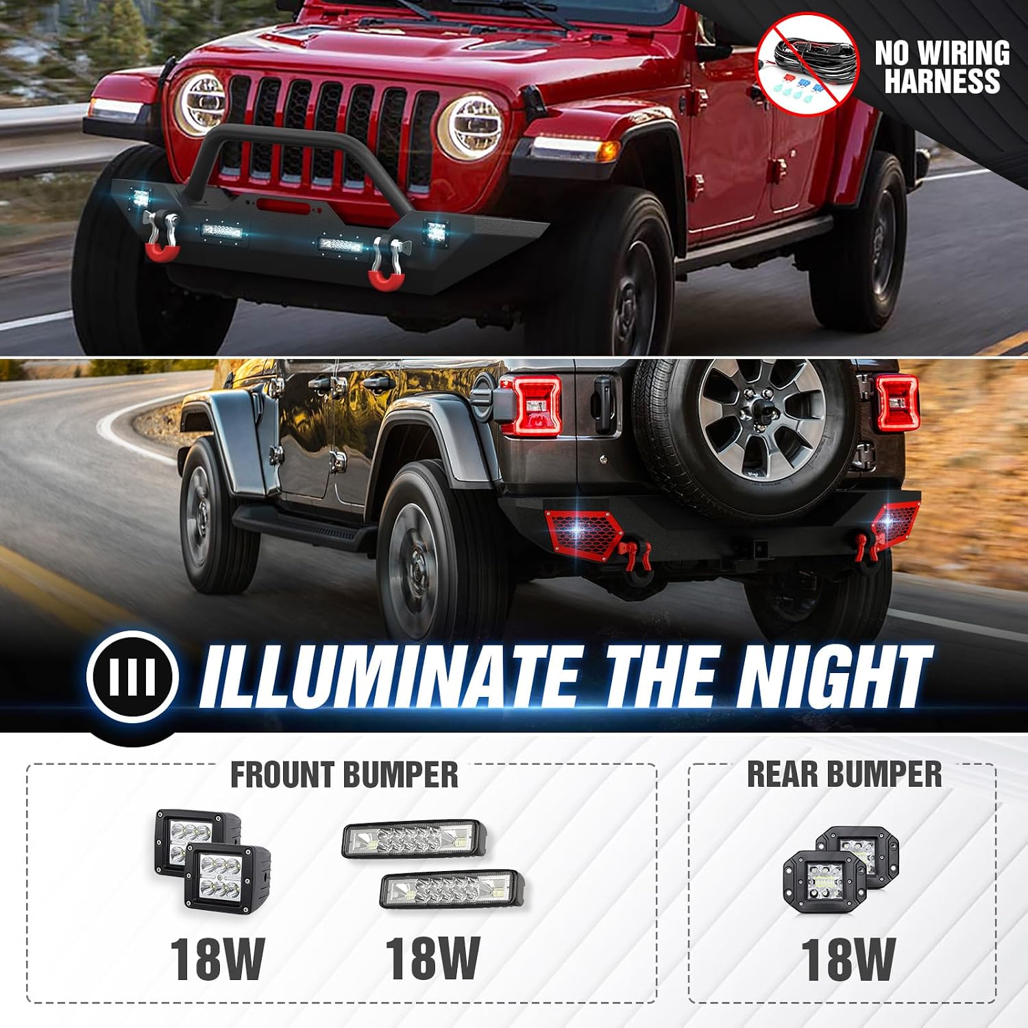 YZONA for JL Front and Rear Bumpers Compatible with 2018-2026 Jeep Wrangler JL JLU Unlimited Off-road Bumper with LED Lights, Winch Plate, Paintable Armor, 2"Hitch Receiver, D-rings (2/4 Doors, Black)
