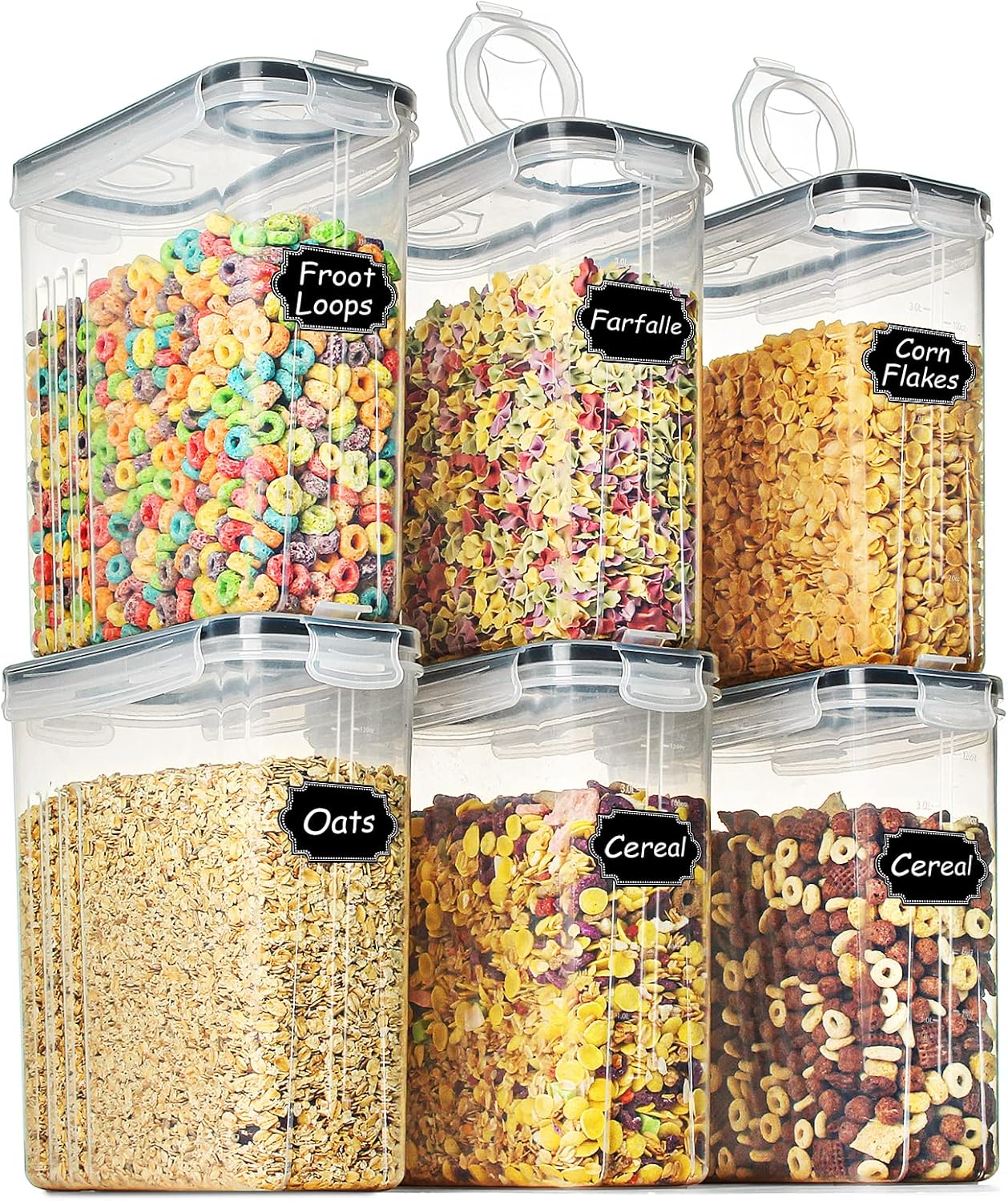 Paincco Cereal Storage Containers Set of 6, BPA Free Airtight Food Storage Canisters, Large Kitchen Storage Keeper for Flour, Sugar, Baking Supplies, with Easy Pouring Lid (4L Black)