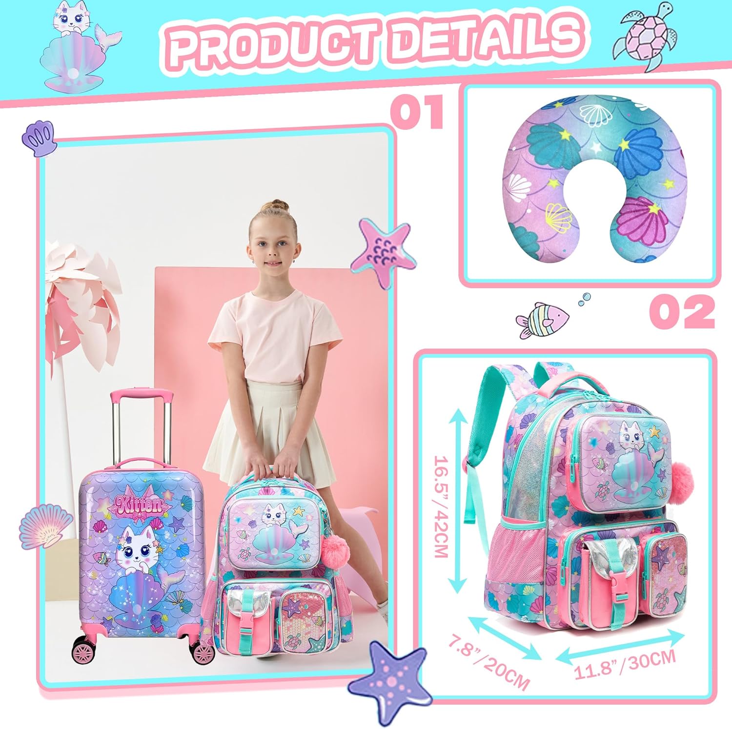 Cute Cat Kid's Luggage Set - 5 Piece Hardside Suitcase Set with Spinner Wheels - Airline Approved