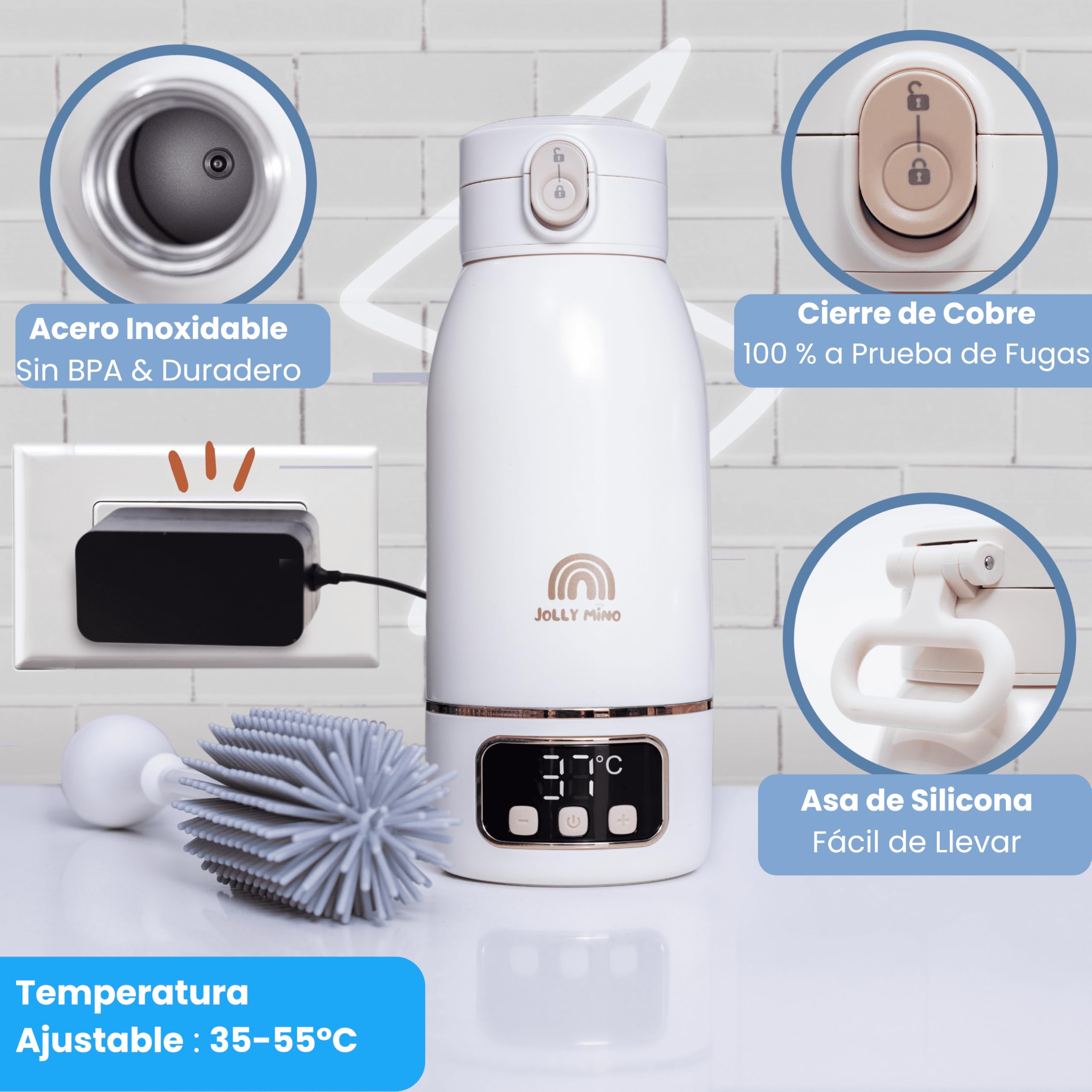 Calentador de Biberones Portátil Sin Cable 500ml, Acero Inox, Calienta Agua y Leche Materna, Auto-Pasteurización, Viaje Coche Noche, Cepillo de Silicona Incluido