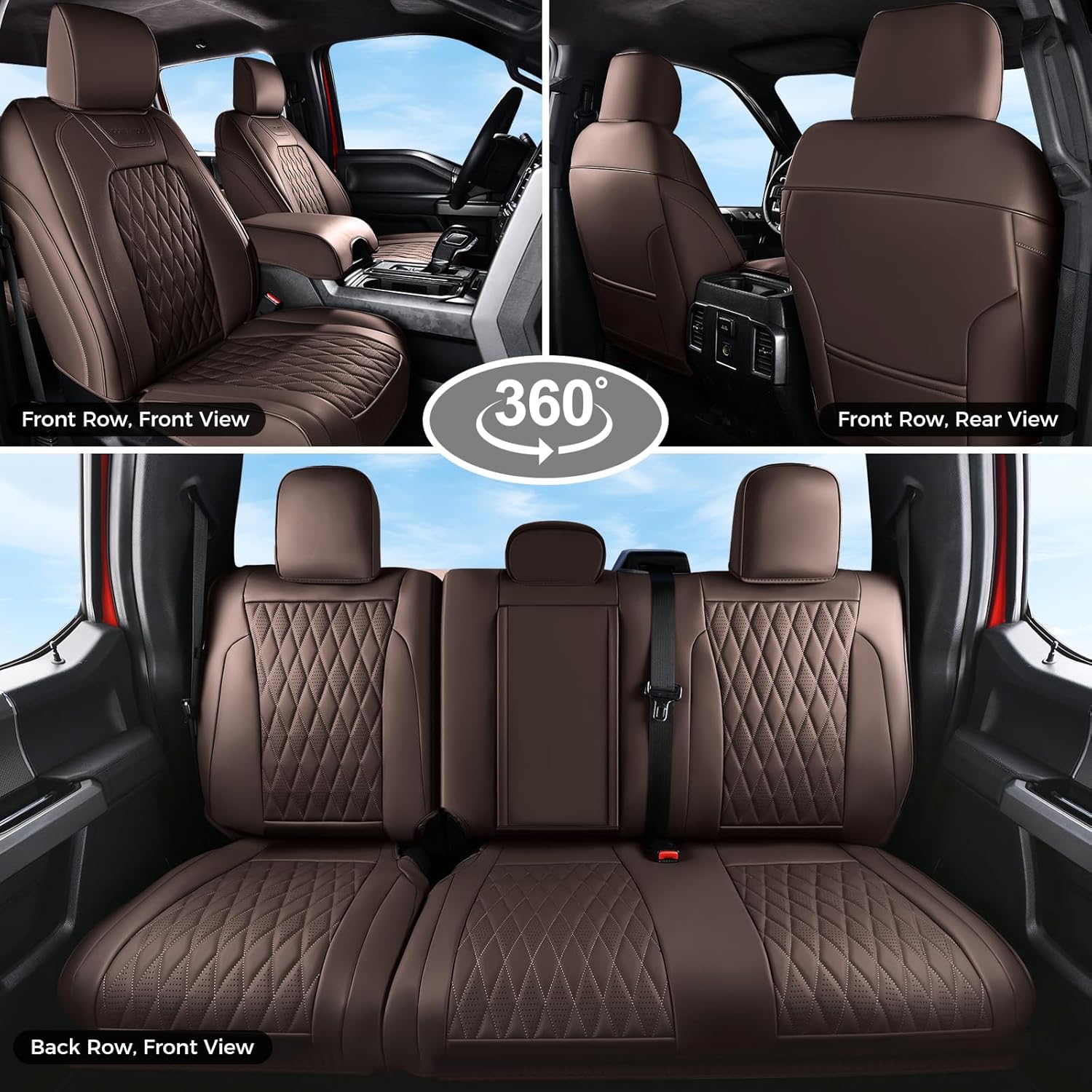 Coverado Premium Leather Full Set Seat Covers Waterproof Heavy-Duty Protectors Custom Fit for Ford F150 (2015-2026) F250/F350/F450 (2017-2026)-Coffee, Vintage Style, Scratch-Resistant