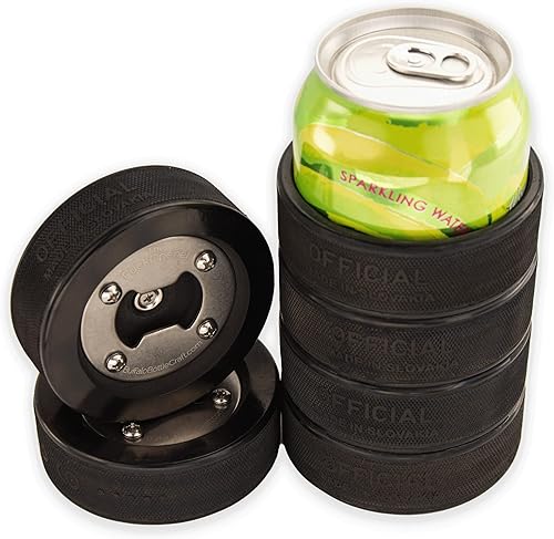Juego de regalo único de hockey, enfriador de latas y abridor de botellas hecho de discos de hockey reales,
