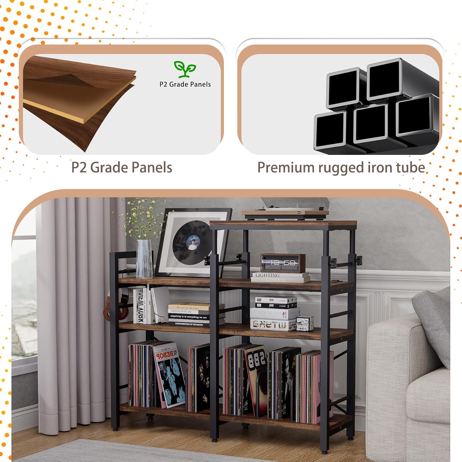 Large Record Player Stand with Power Outlet & USB Ports, 350+ Vinyl Record Storage Cabinet, 4-Tier Stereo Cabinet with Adjustable Dividers, Turntable Stand for Living Room