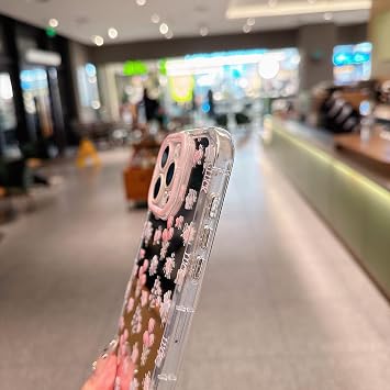 iPhone 16 Pro用ケース、ピンクの花柄デザイン、光沢のあるミラーケース、ビーズ付きリストストラップ付き2イン1、ソフトTPUフレーム、耐衝撃性と耐衝撃性、女性と女の子に最適