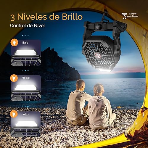 Miniatura 5 de Ventilador de camping portátil con linterna LED, ventilador de tienda de campaña recargable de 9 pulgadas, viento silencioso y fuerte, gancho para