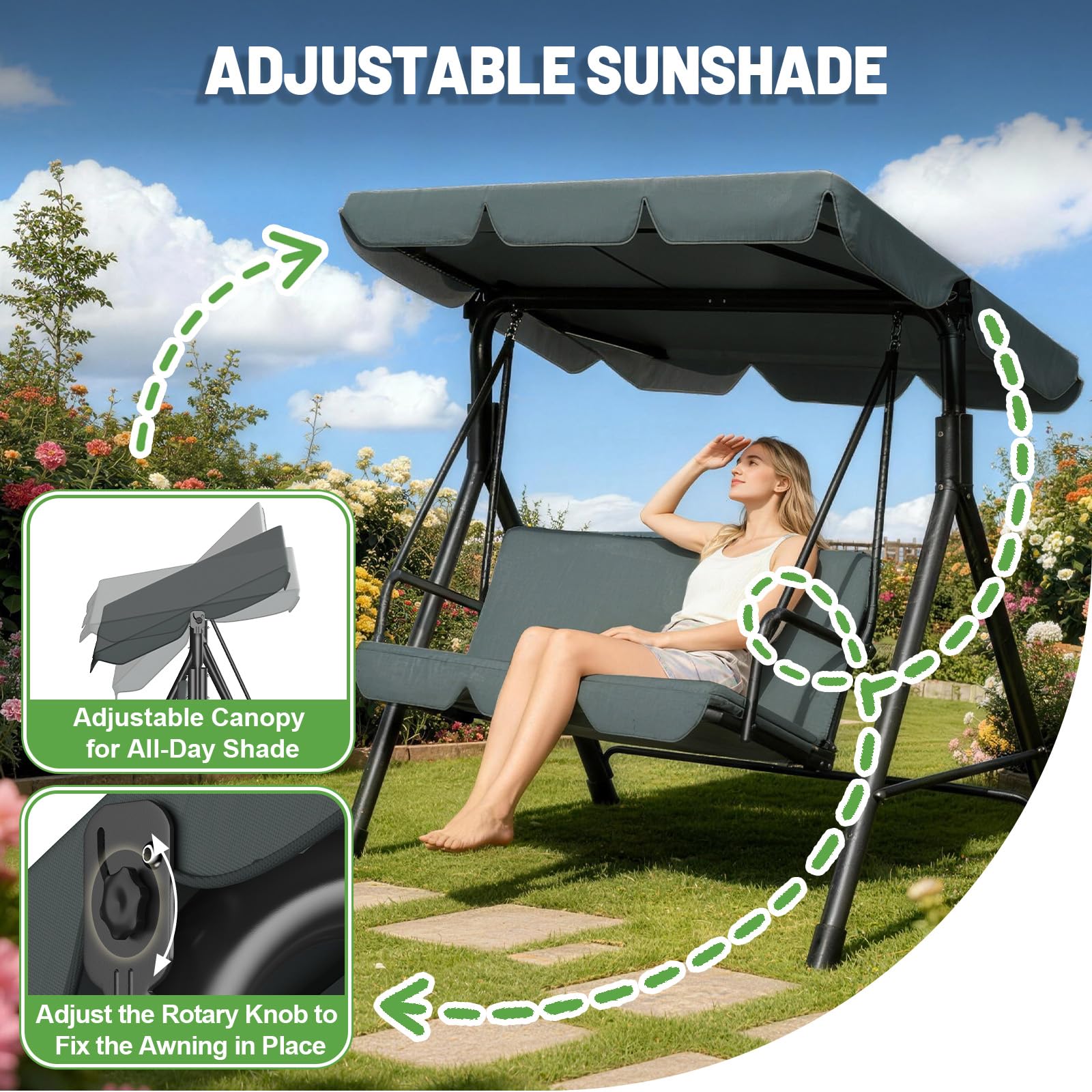 Balancelle de Jardin 3 Places avec Toit Réglable – Balançoire Extérieure avec Coussin Confortable, Capacité 200kg – Dimensions 193x110x152cm (Anthracite)