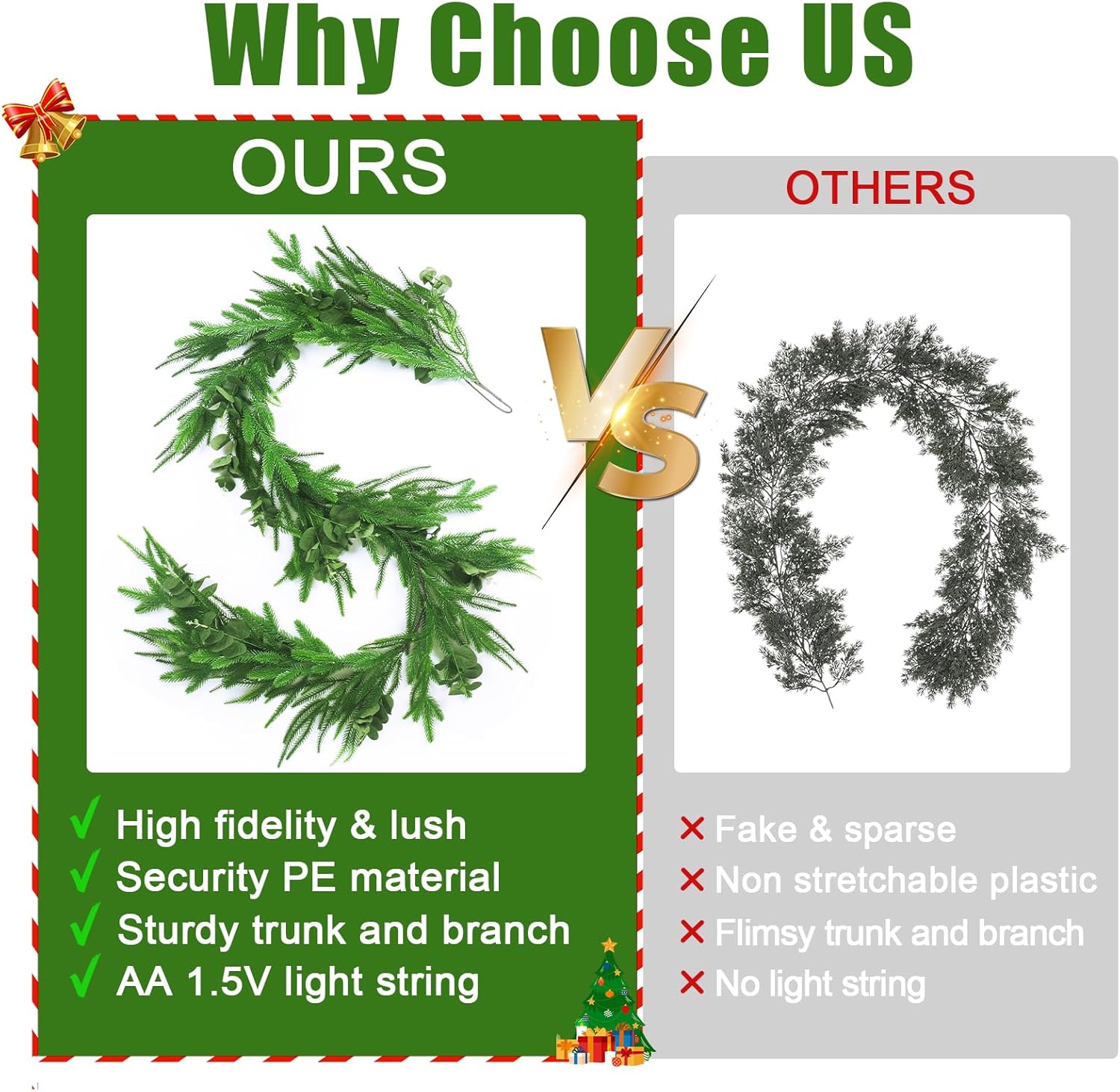 Norfolk Pine Eucalyptus Garlands with Light String, 6Ft Artificial Soft Christmas Pine Garland, Real Touch Greenery Garland for Table, Mantle, Staires, Premium Indoor/Outdoor Christmas Decorations. - Image 7