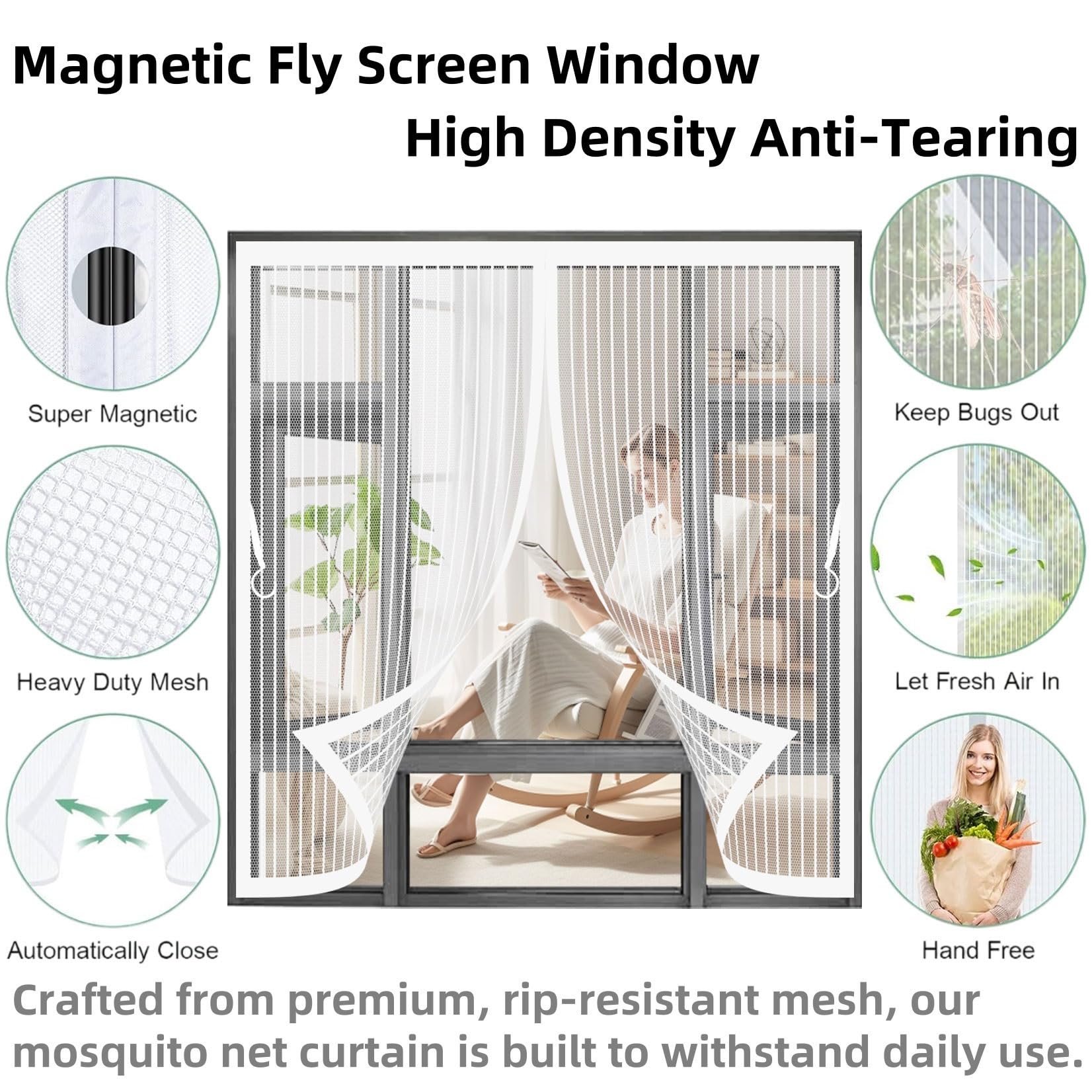 Fliegengitter Balkontür 164 x 174 cm (Anpassbar) Extra Starke Magnete Magnet-Verschluss Insektenschutz Balkontür mit Selbstklebendes Klettband für Terrassentür, Weiß