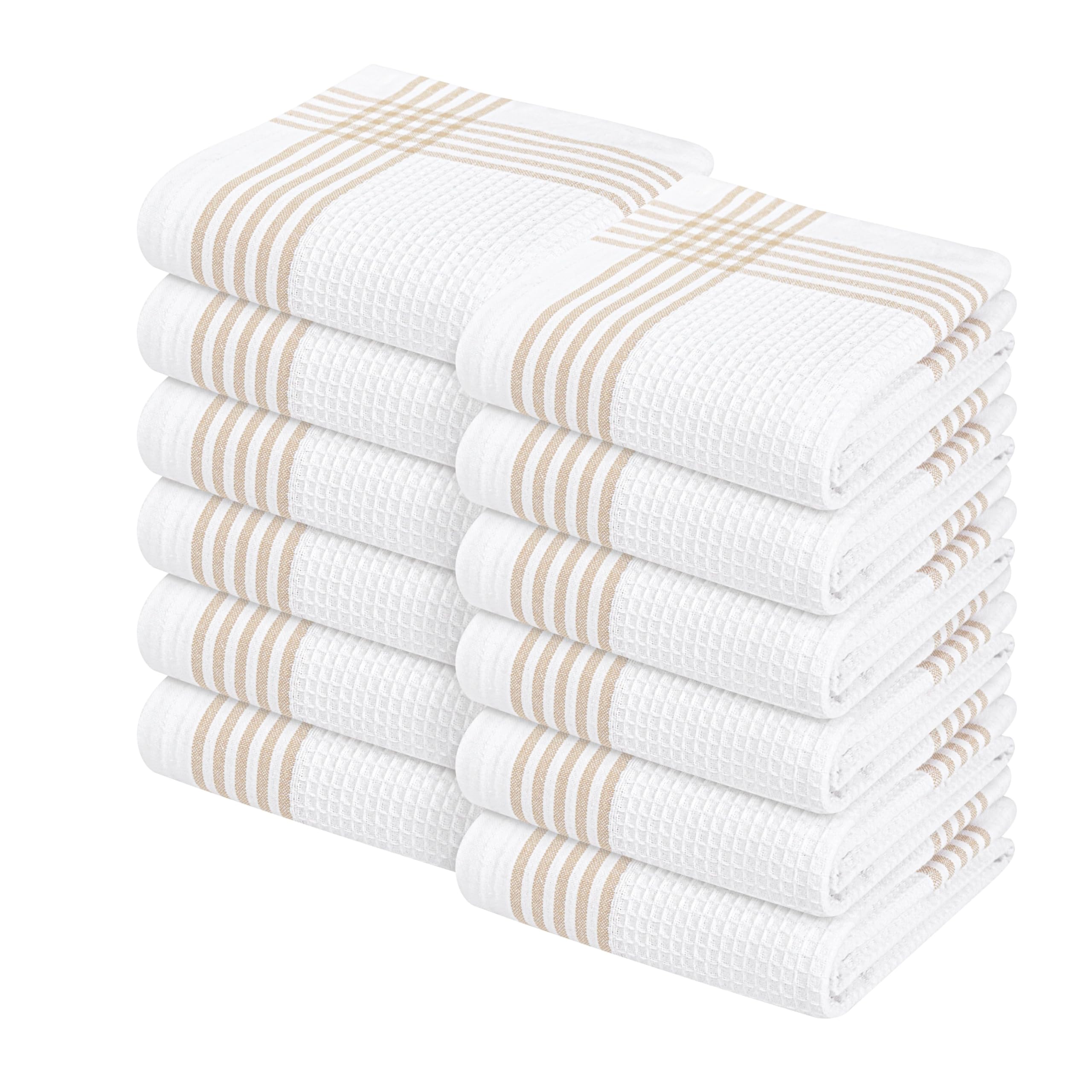 Waffle White &amp; Beige Kitchen Dish Towels 12 Pack, 100% Cotton, 16x26 inches, Durable Dish Cloths Set, Quick Dry Kitchen Rags, Everyday Use Cooking and Cleaning Hand Towels, Bar Towel
