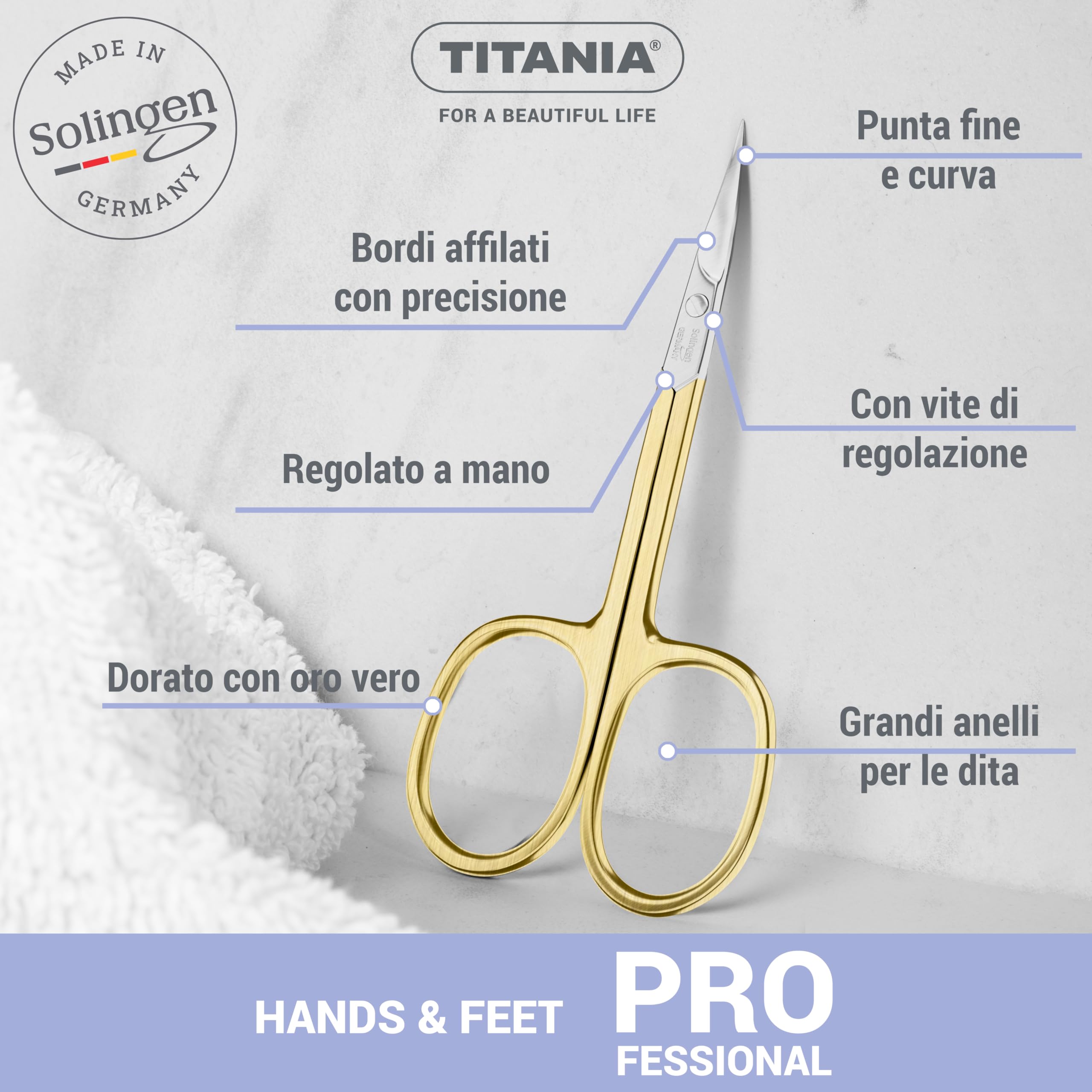 TITANIA Forbici per Cuticole Solingen con Punta Sottile Curve Dorate (9,5 cm) • Forbici Professionale per Cuticole Vergoldate • Forbici in Acciaio Carbonio di Alta Qualità • Made in Germany