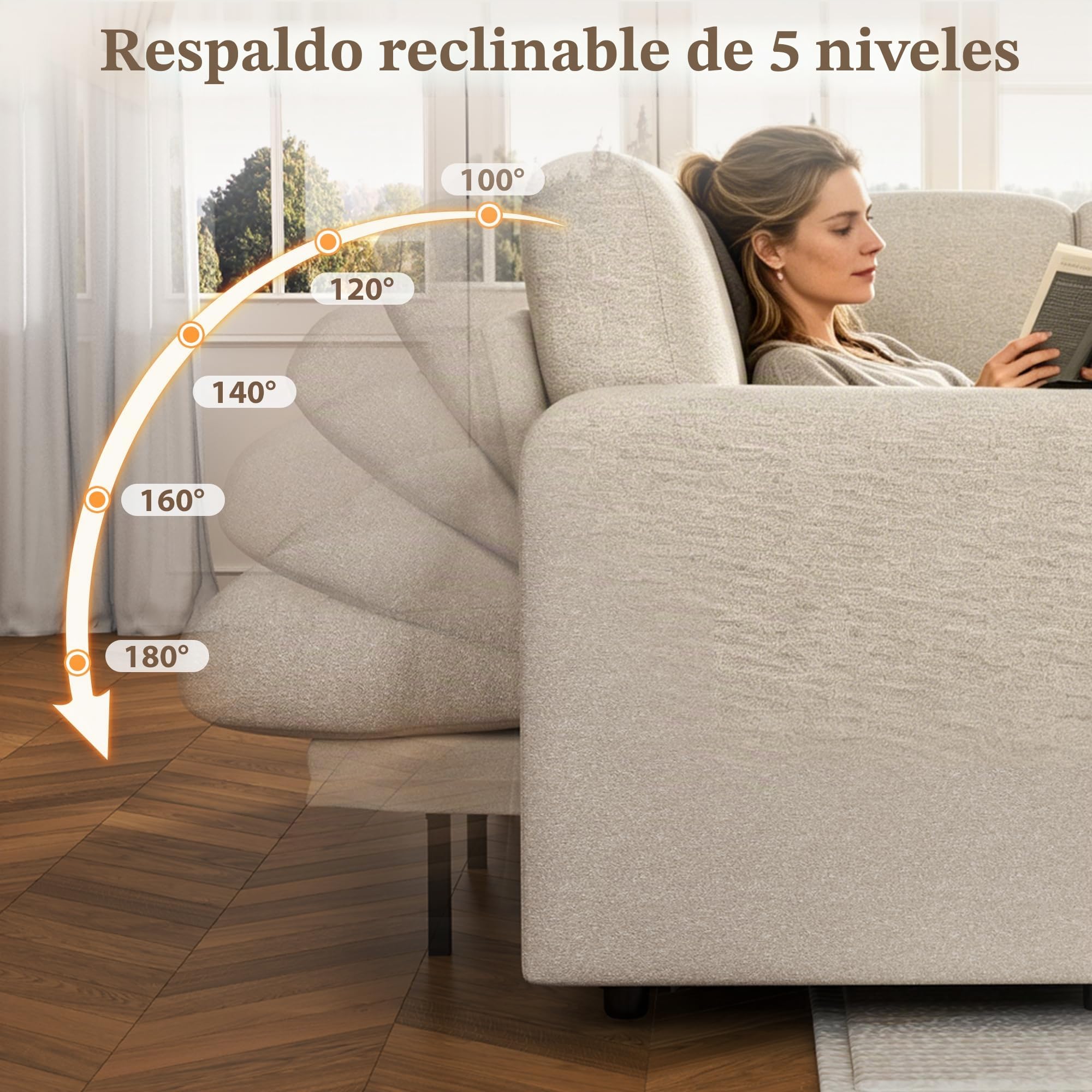 Sofá esquinero modular de 5 plazas en forma de L con función de cama, chaise longue con almacenamiento y puerto de carga USB, cama extraíble, respaldo ajustable, tela de cachemira, beige y